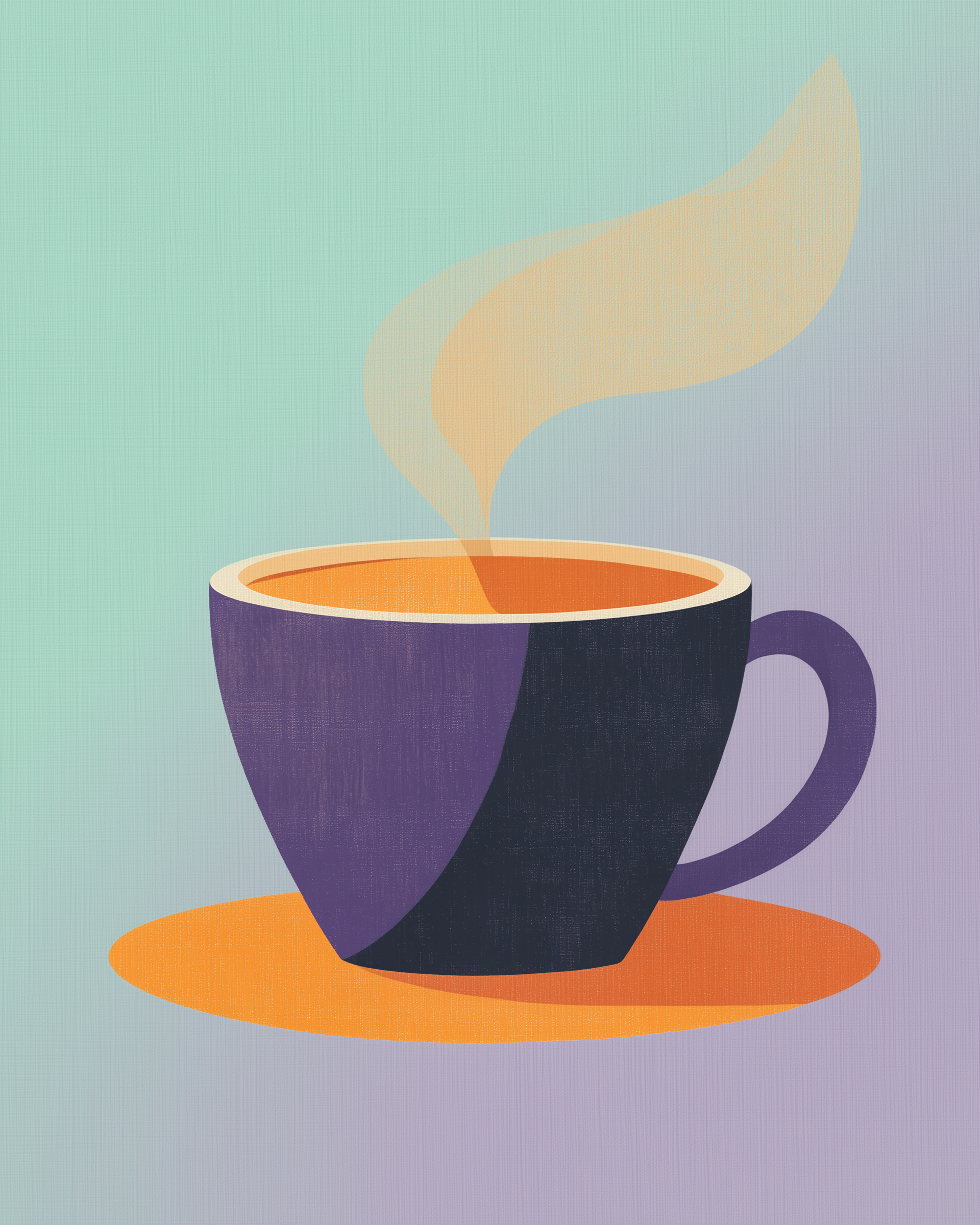 Modern illustration of a steaming cup of coffee in a deep purple mug on an orange saucer, set against a gradient mint and lavender background.