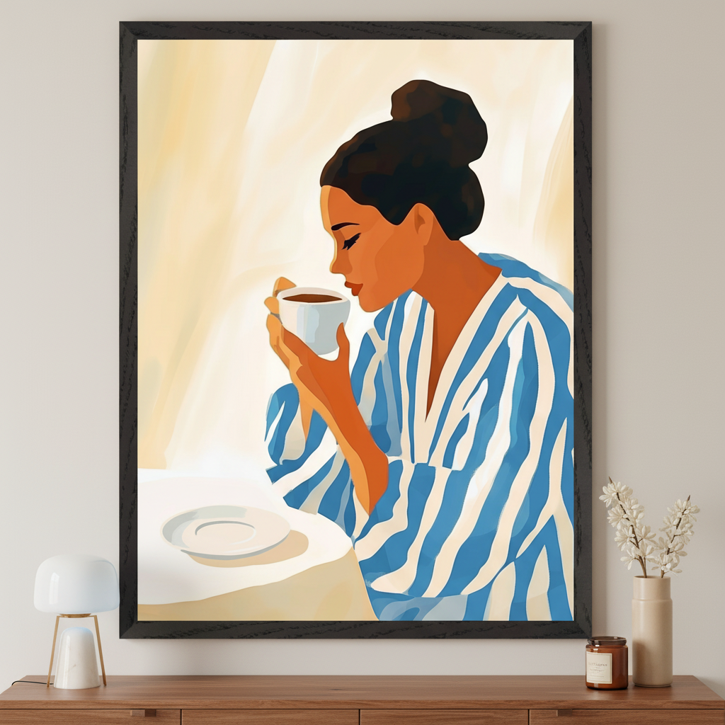 Modern room with a dark wooden console table. A large black-framed painting of a woman in a blue and white striped robe, hair in a bun, drinking from a white cup hangs centered above the console. The art features a minimalist, illustrative style with a warm yellow background.