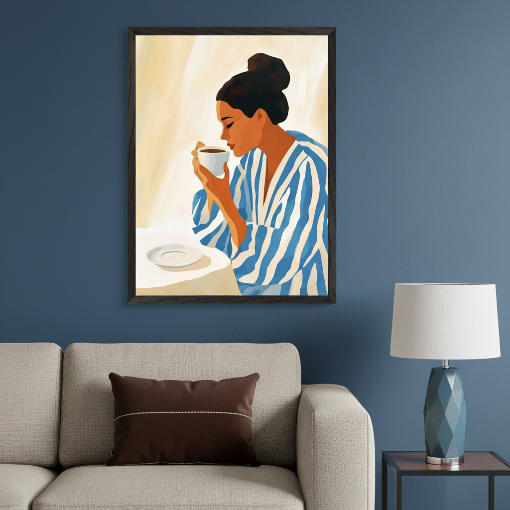 Modern living room with a dark blue wall and a light gray sofa. A framed vertical illustration of a woman with dark hair in a bun, wearing a blue and white striped robe, sipping from a white coffee cup, hangs above the sofa. A side table with a blue lamp is to the right.