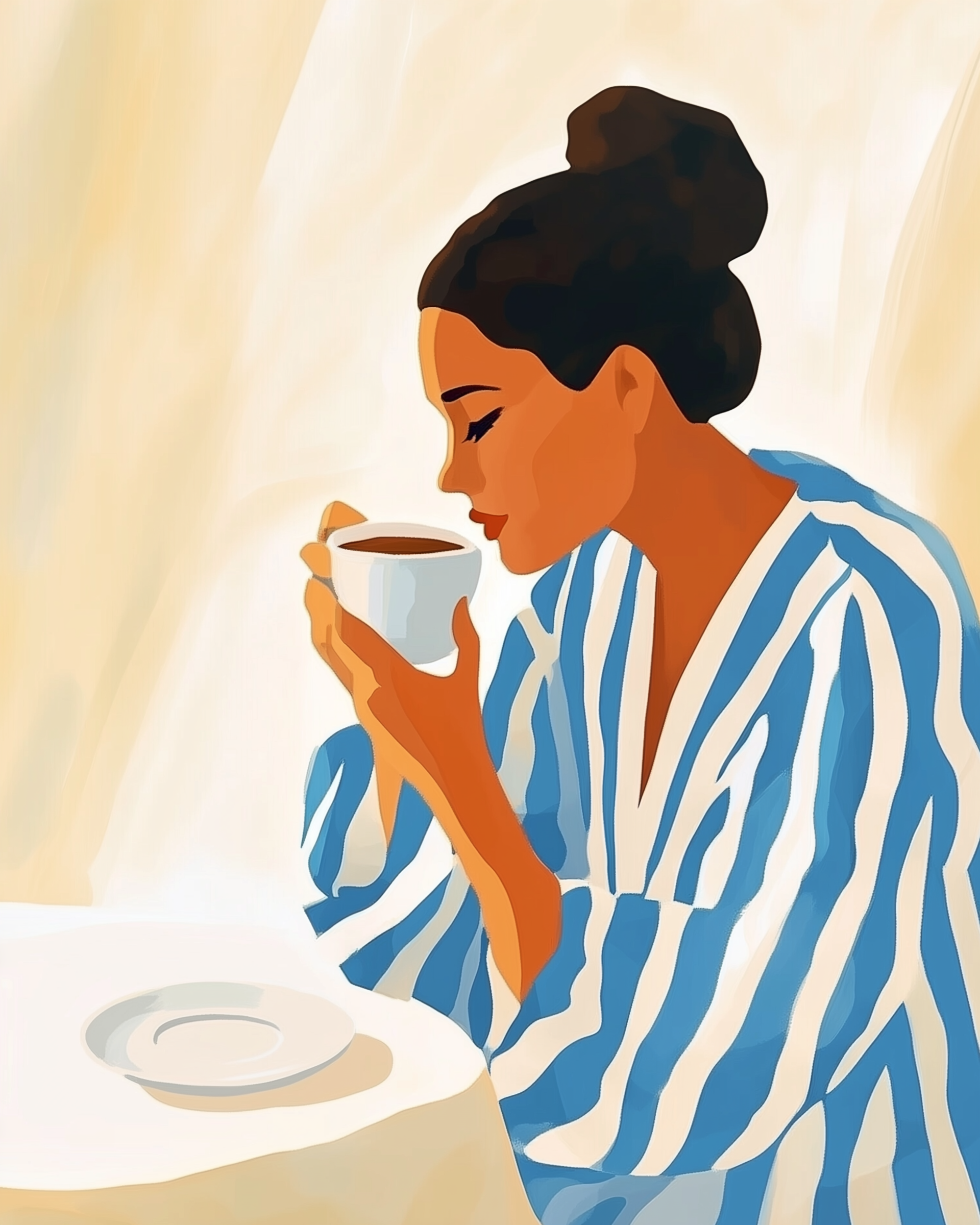 Vector-style illustration of a woman in a blue-and-white striped robe holding a cup of coffee with both hands, eyes closed as she takes in the aroma.
