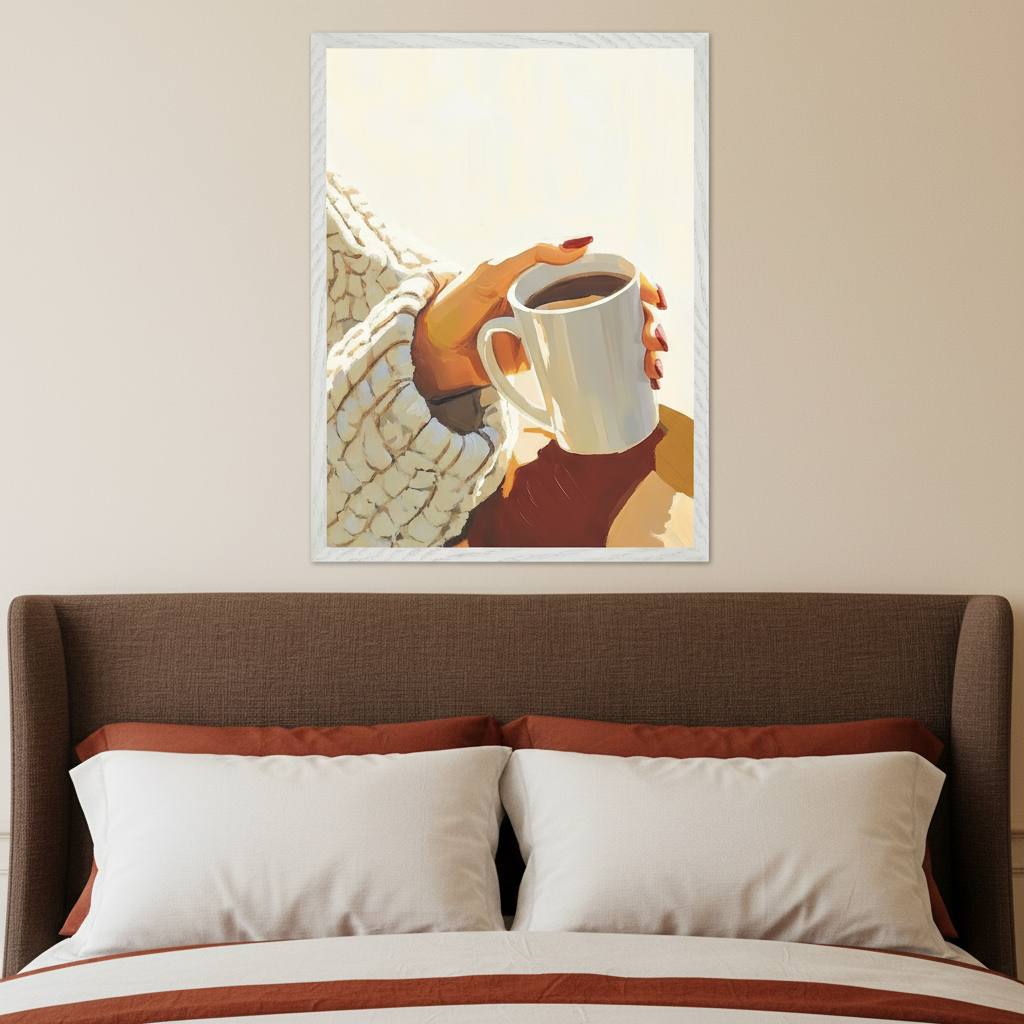 Modern bedroom with a brown upholstered bed. A framed vertical illustrative painting of hands in a white knit sweater holding a white mug hangs centered above the headboard. The background is bright.