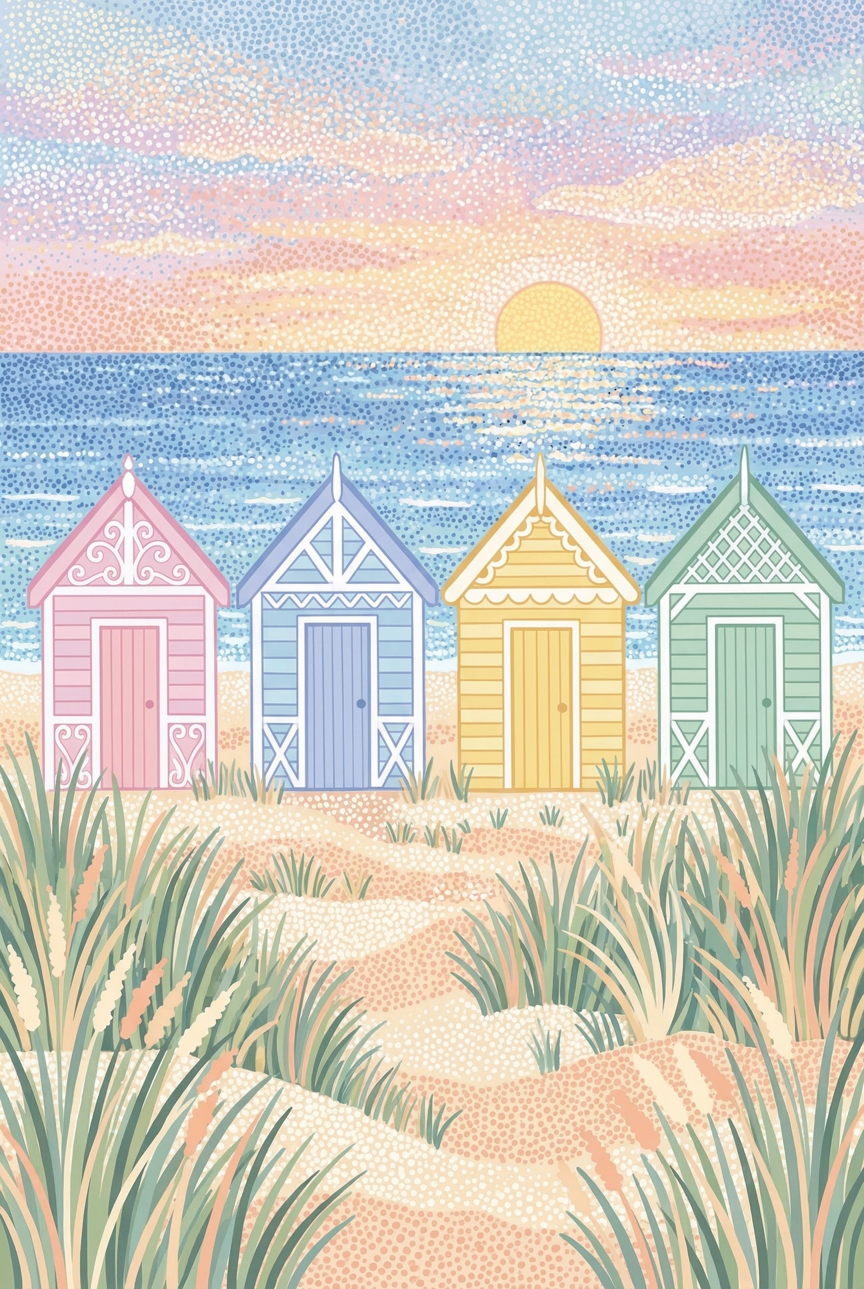 Colorful Beach Huts Wall Art - Pastel Beach Huts