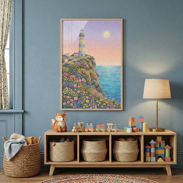 A serene room scene features a light blue wall adorned with a framed art piece. The artwork depicts a lighthouse perched on a grassy cliff overflowing with vibrant wildflowers, overlooking a calm blue sea under a soft-hued sky with a glowing moon.
