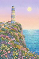 Colorful illustration of a tall patterned lighthouse on a cliff covered in blooming flowers overlooking a calm blue ocean. A soft pastel sky with a glowing sun above creates a bright and whimsical coastal landscape.

