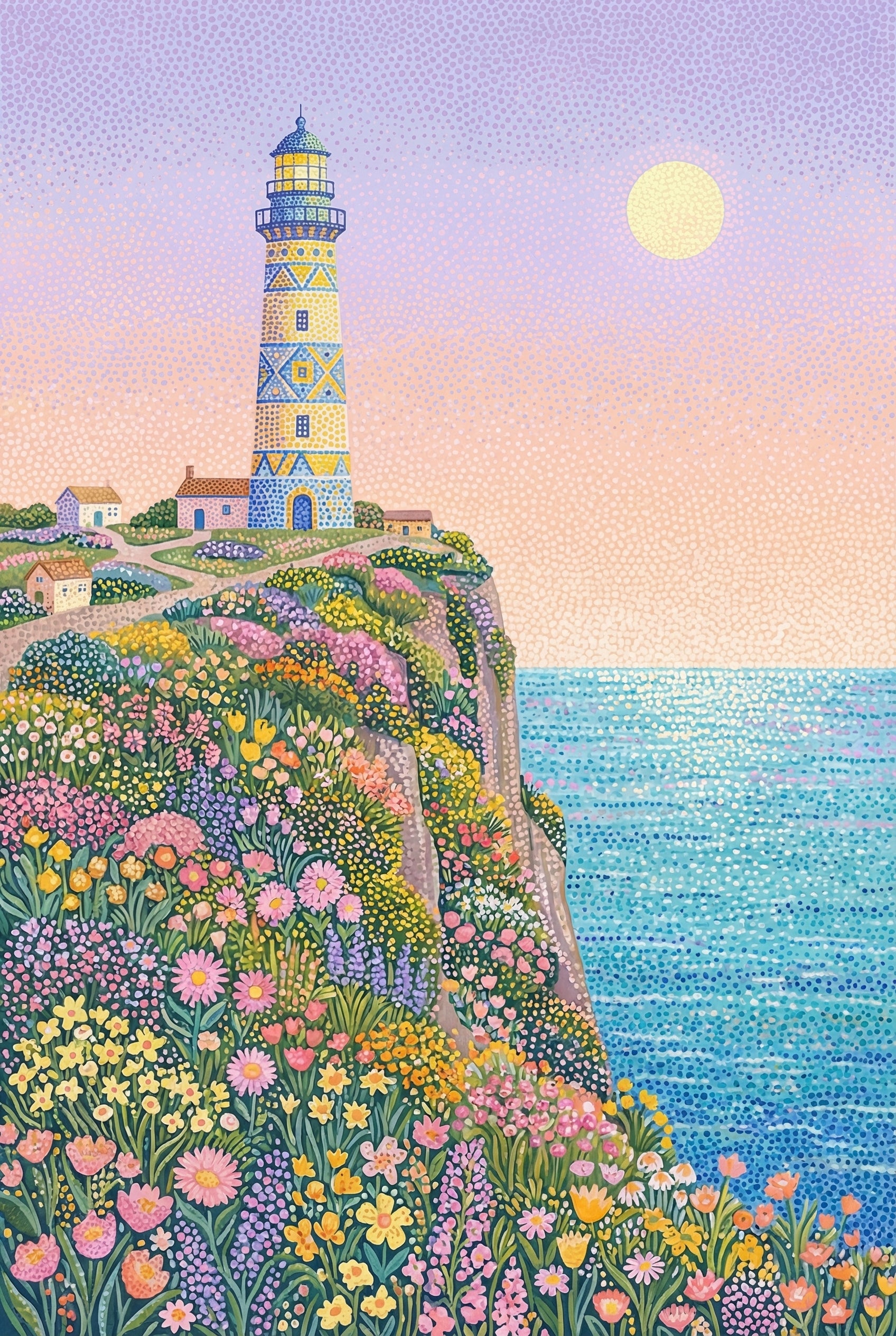 Colorful Pointillism Lighthouse Wall Art - Coastal Flower Beacon