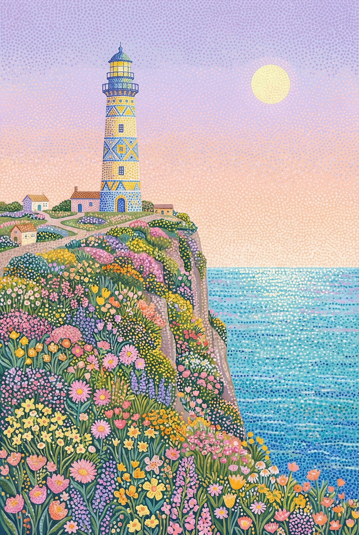 Colorful illustration of a tall patterned lighthouse on a cliff covered in blooming flowers overlooking a calm blue ocean. A soft pastel sky with a glowing sun above creates a bright and whimsical coastal landscape.

