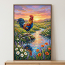 A vibrantly colored rooster stands on a rock beside a winding stream in this expressive artwork. Its feathers are a rich mix of blue, orange, and red. The surrounding meadow is filled with wildflowers like white daisies, orange poppies, and purple blooms. In the background, rolling hills sit beneath a sunset sky of pink, orange, and purple clouds. The golden light reflects off the water, creating a sparkling effect. Bold, visible brushstrokes give the scene a textured and lively feel.