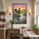 A cozy, rustic kitchen area features a large framed artwork as a central focal point. The framed piece depicts a vibrant rooster with multicolored feathers standing on a rock by a tranquil stream. The landscape is filled with blooming wildflowers like daisies and orange poppies under a glowing sunset sky. Two elegant wall sconces flank the frame. Below, a weathered wooden console holds a ceramic pitcher with flowers and a wooden bowl of eggs, completing the warm, country-inspired atmosphere.