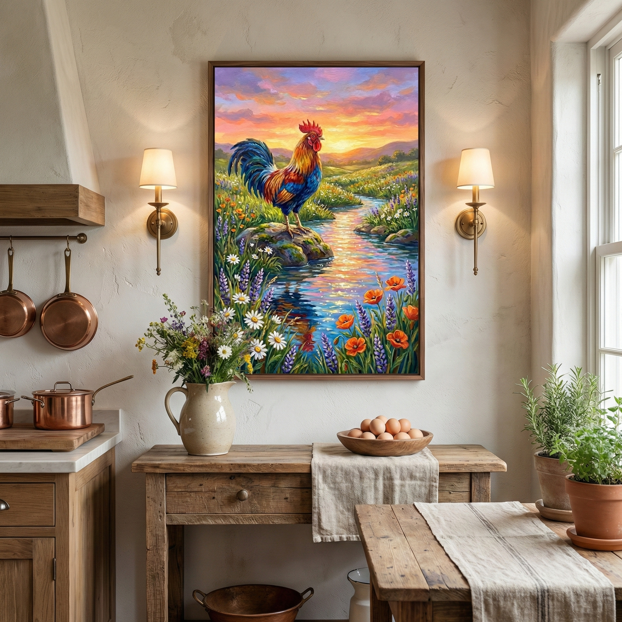 A cozy, rustic kitchen area features a large framed artwork as a central focal point. The framed piece depicts a vibrant rooster with multicolored feathers standing on a rock by a tranquil stream. The landscape is filled with blooming wildflowers like daisies and orange poppies under a glowing sunset sky. Two elegant wall sconces flank the frame. Below, a weathered wooden console holds a ceramic pitcher with flowers and a wooden bowl of eggs, completing the warm, country-inspired atmosphere.