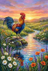 An artistic illustration of a majestic, colorful rooster perched on a mossy rock. The scene is set in a vibrant meadow alongside a winding stream, which reflects the warm glow of a sunset. Lush green grass is dotted with white daisies, bright orange poppies, and tall purple flowers. In the distance, rolling hills sit beneath a soft sky filled with pink and orange clouds. The work features expressive, textured strokes and a rich, saturated color palette.