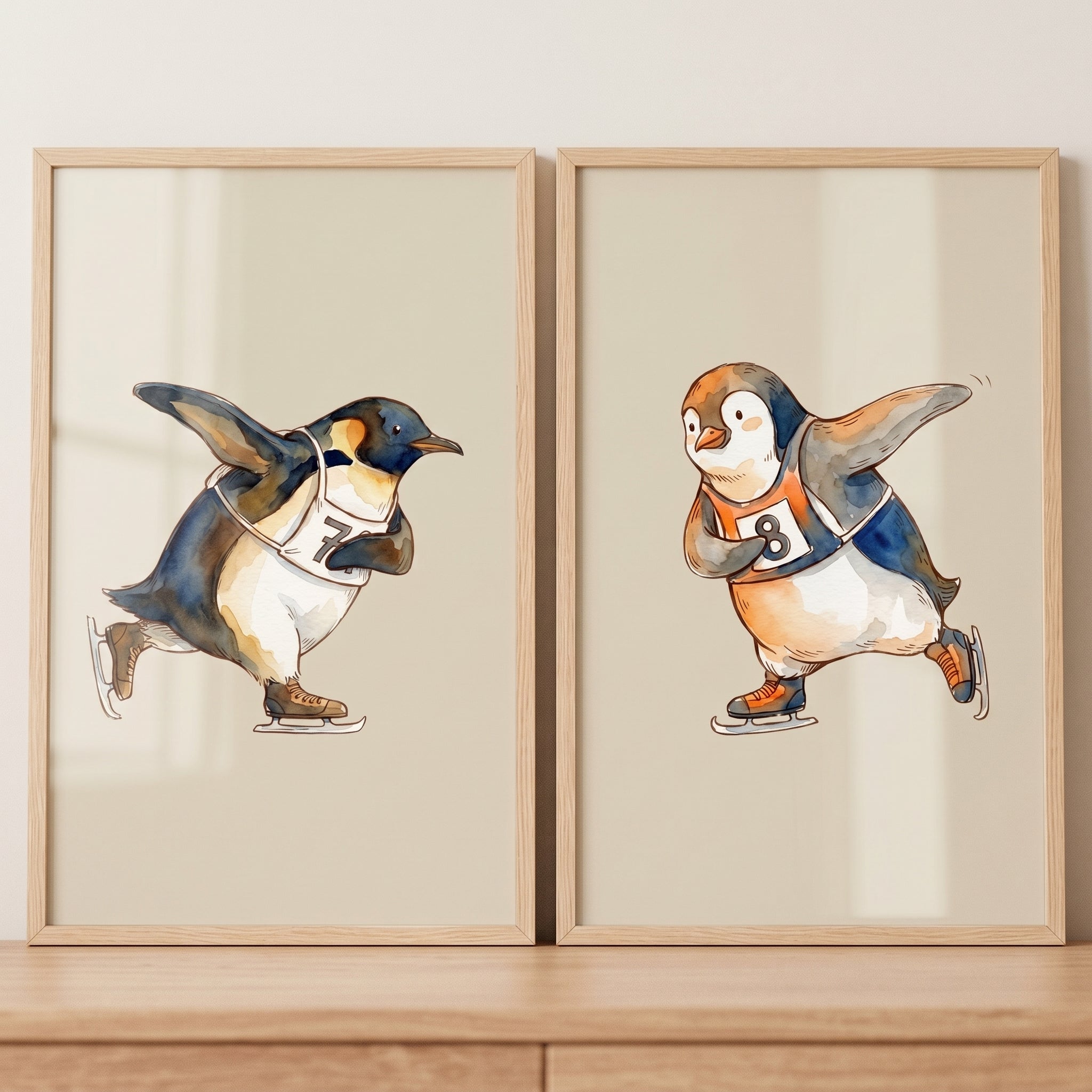 Competitive Winter Racing Penguin Wall Art Set of 2 - Skating Penguin Friends