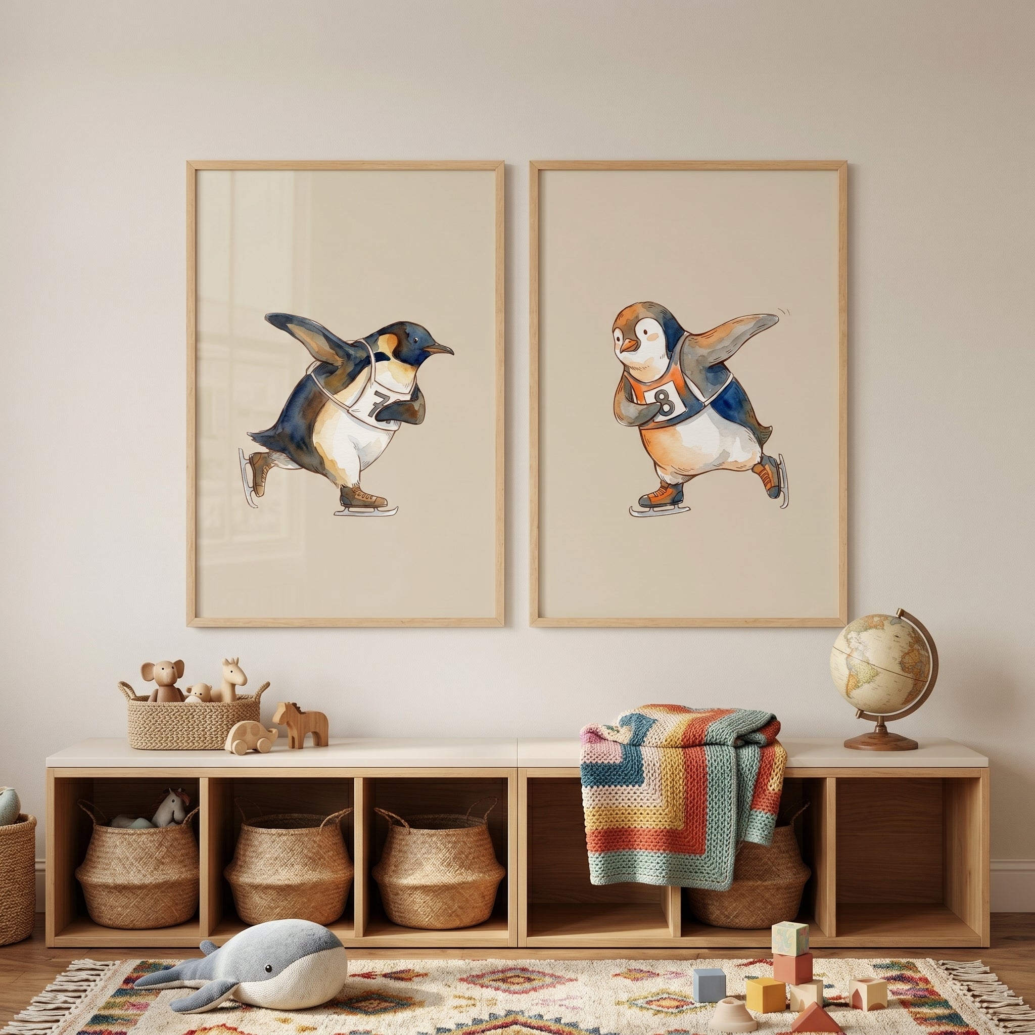 Competitive Winter Racing Penguin Wall Art Set of 2 - Skating Penguin Friends