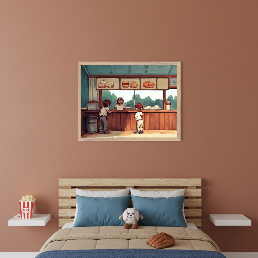 Modern kid's bedroom with a wooden slat bed, blue pillows, and beige bedding. A popcorn bucket sits on a white floating shelf to the left. A framed cartoon illustration of boys at a concession stand hangs centered above the bed.
