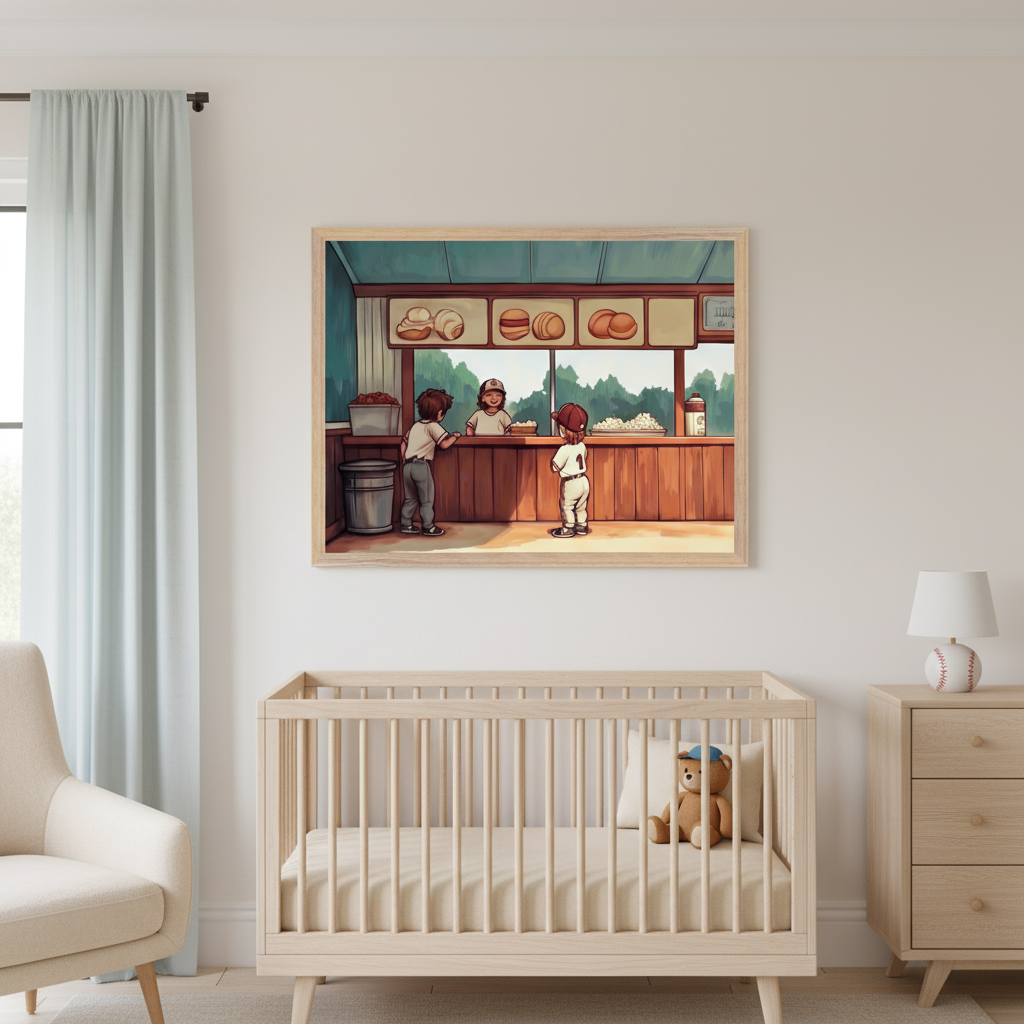 Modern nursery with a natural wood crib and dresser, and a cream armchair. A large framed cartoon shows kids buying snacks at a baseball concession stand, hanging above the crib.