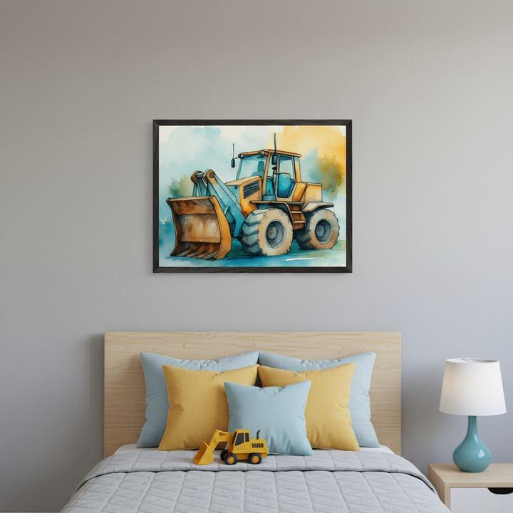 Kid's bedroom with a wooden bed, gray quilted comforter, and blue and yellow pillows. A framed watercolor painting of a yellow front-end loader hangs centered above the bed. A small toy excavator sits on the bed, and a blue lamp is on a light wood nightstand to the right.