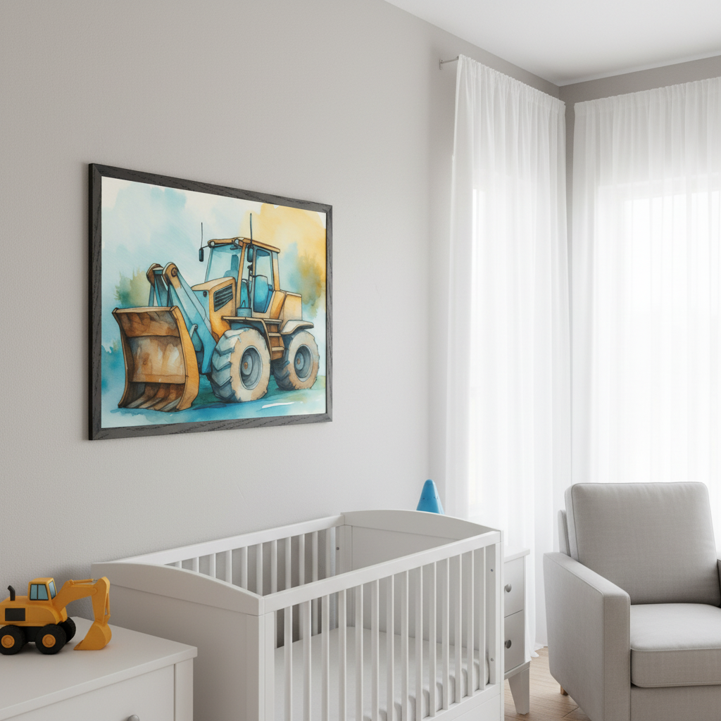 Modern nursery with a white crib and light gray armchair. A framed watercolor of a yellow front loader on a blue and yellow background hangs above the crib. A yellow toy excavator sits on a white dresser.