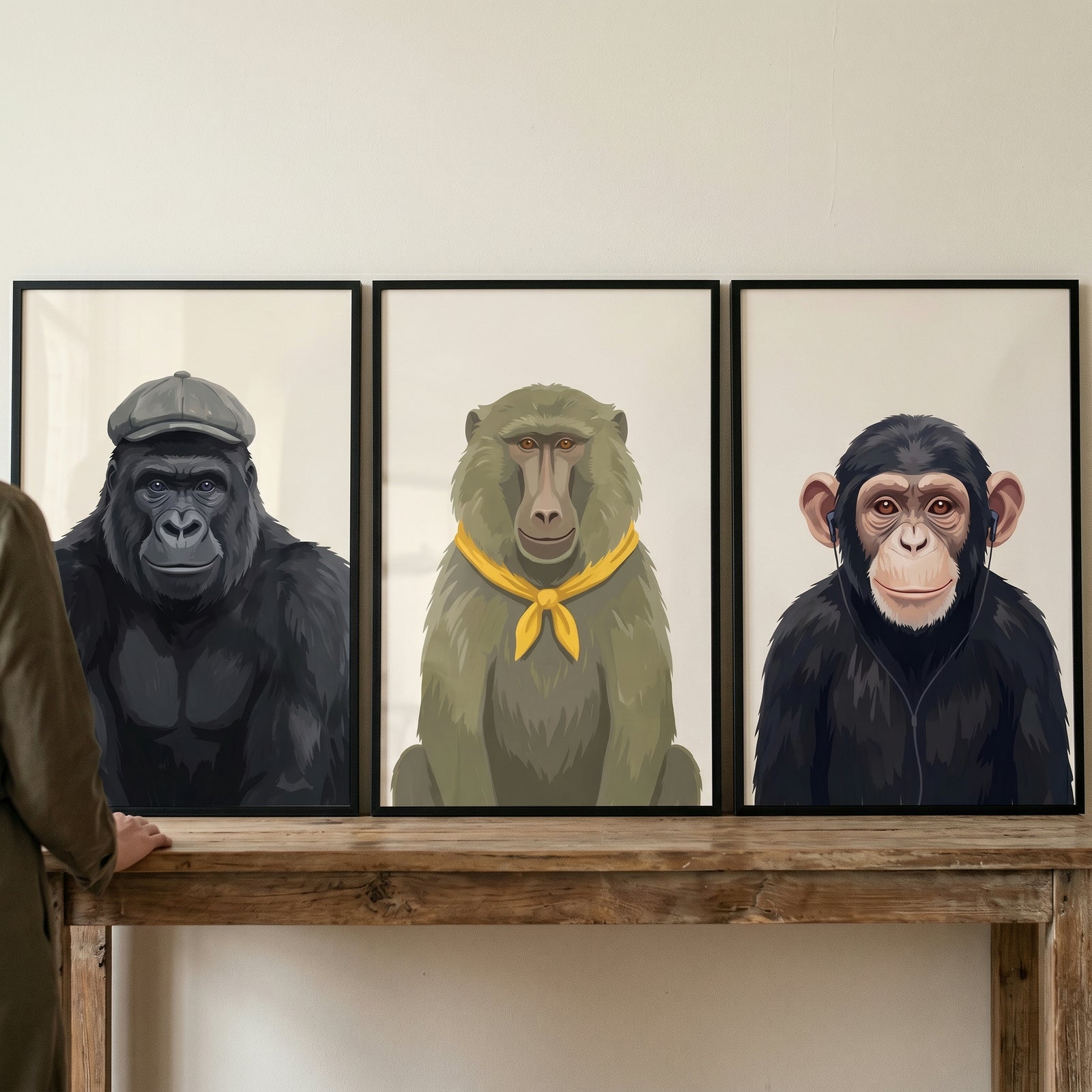 Contemporary ape wall art set of 3 featuring a gorilla, baboon, and chimpanzee in black frames atop a wooden table.