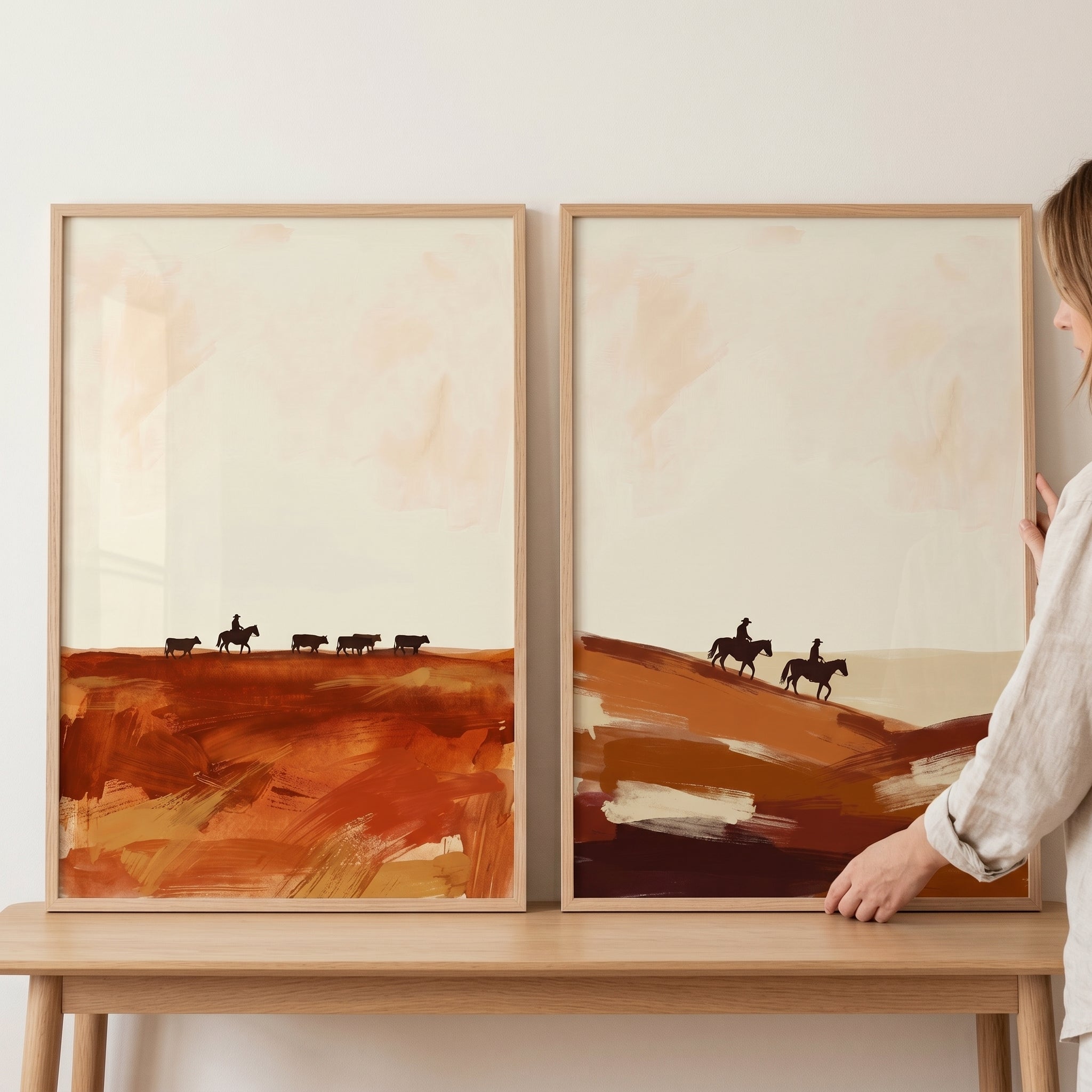 Contemporary Ochre Landscape Horse Artwork Set of 2 - Desert Riders