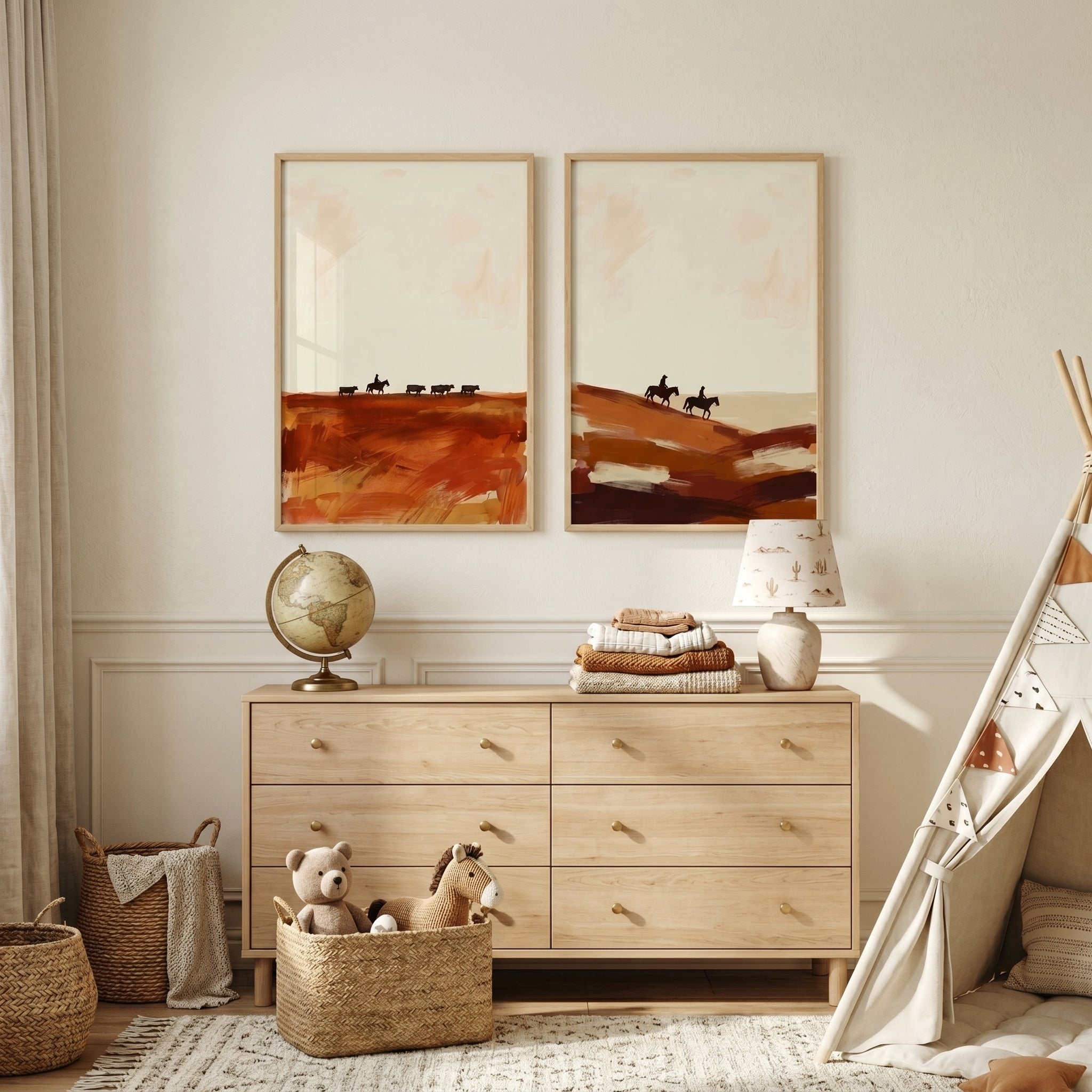 Contemporary Ochre Landscape Horse Artwork Set of 2 - Desert Riders