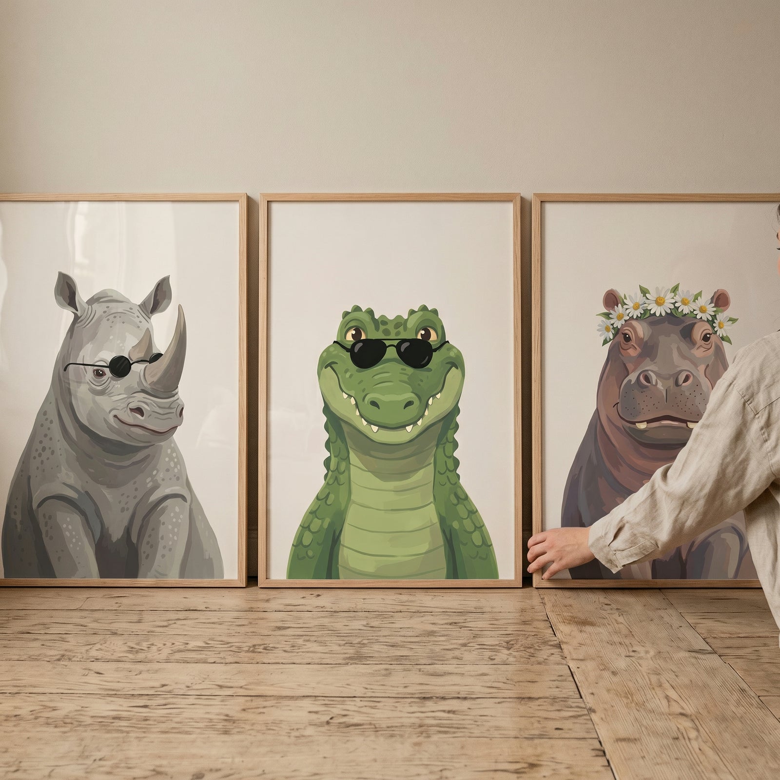 Contemporary safari animal print set of 3 featuring a rhino, crocodile, and hippo in sunglasses and a flower crown.