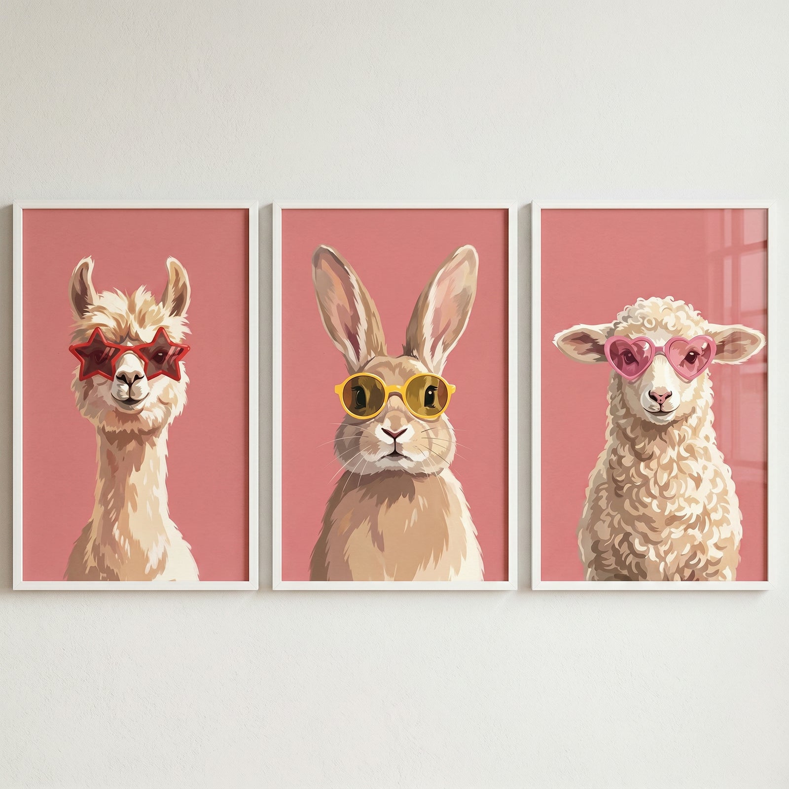 Contemporary shades farm animal wall art set of 3 with a llama, rabbit, and sheep in colorful sunglasses on pink.