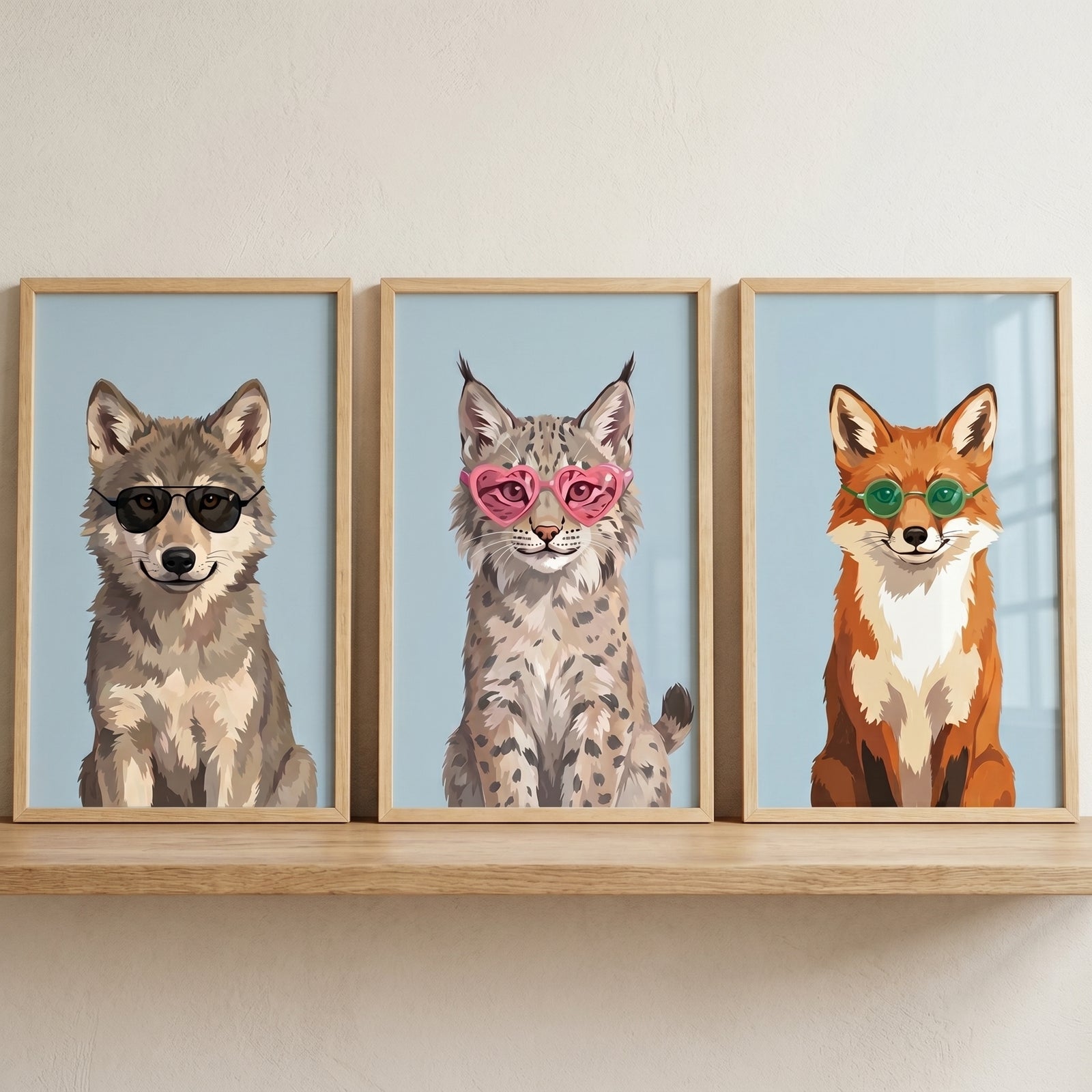 Contemporary sunglasses forest animals wall art set of 3 featuring a wolf, lynx, and fox in frames on a wooden shelf.