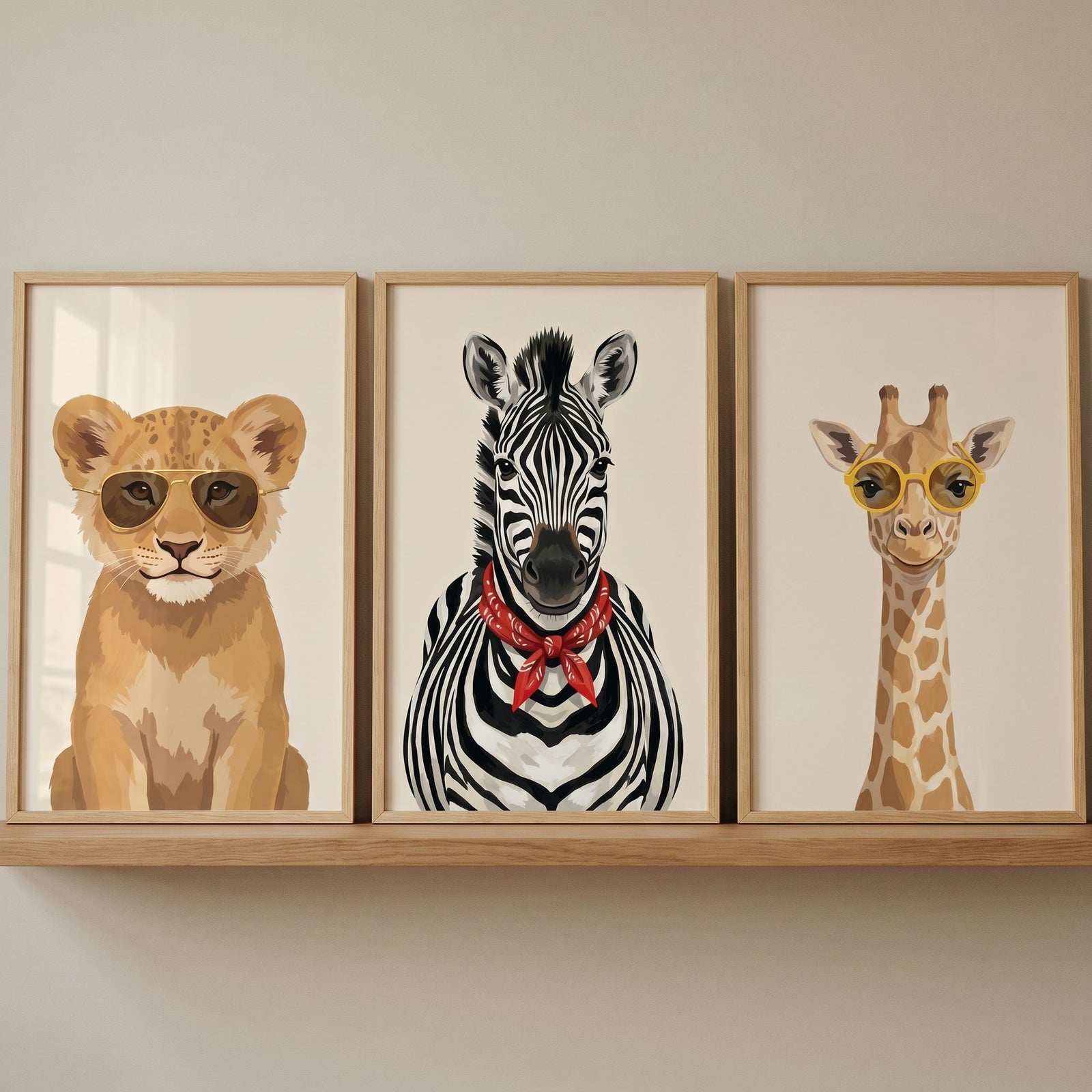 Cool accessorized savanna animal wall art set of 3 featuring a lion cub, zebra, and giraffe on a shelf.