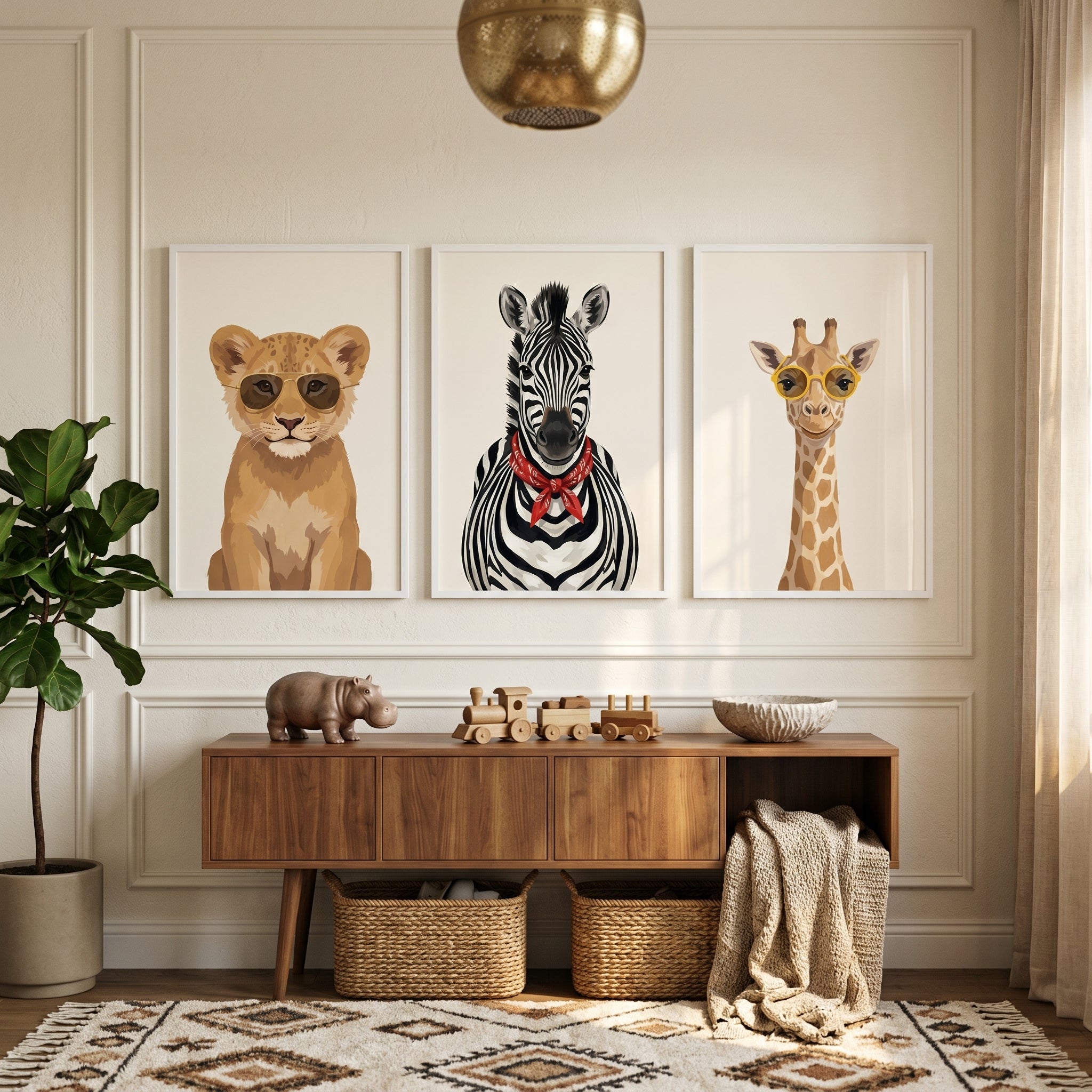 Cool Accessorized Savanna Animal Wall Art Set of 3 - Stylish Safari Trio