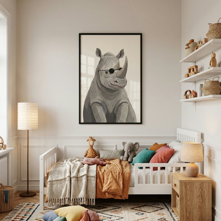 White bed with plush toys sits below cool black shades rhino artwork in a neutral, minimalist child's bedroom.