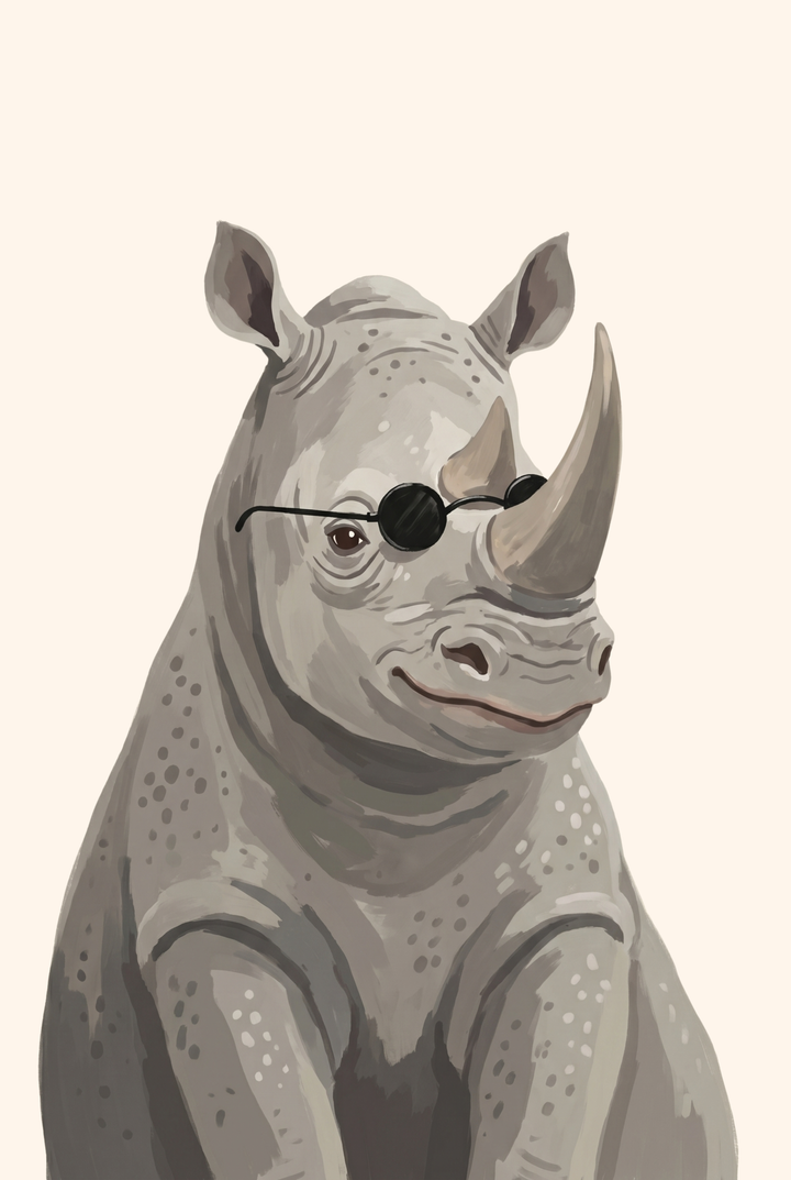 Gray rhinoceros wearing small round sunglasses in this cool black shades rhino artwork against a neutral background.
