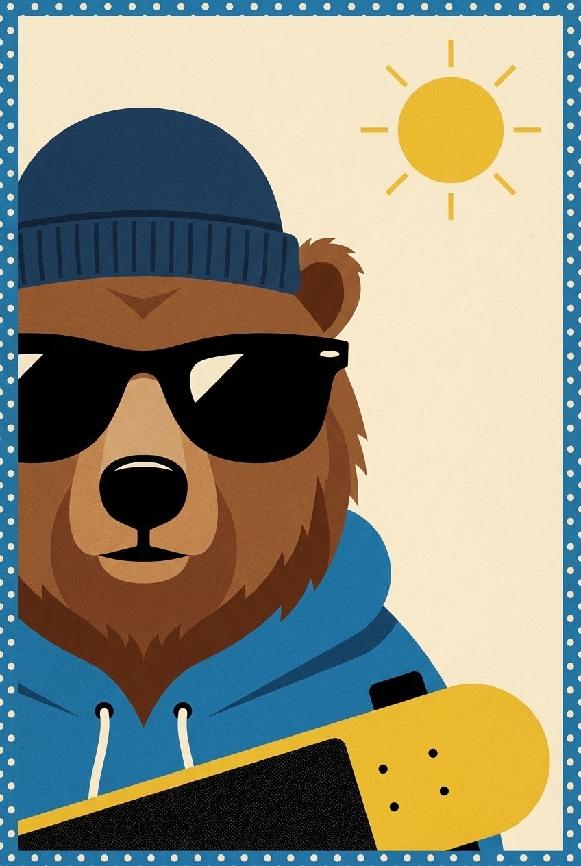 Cool Brown Bear Modern Minimalist Graphic Wall Art - Cool Bear Skater