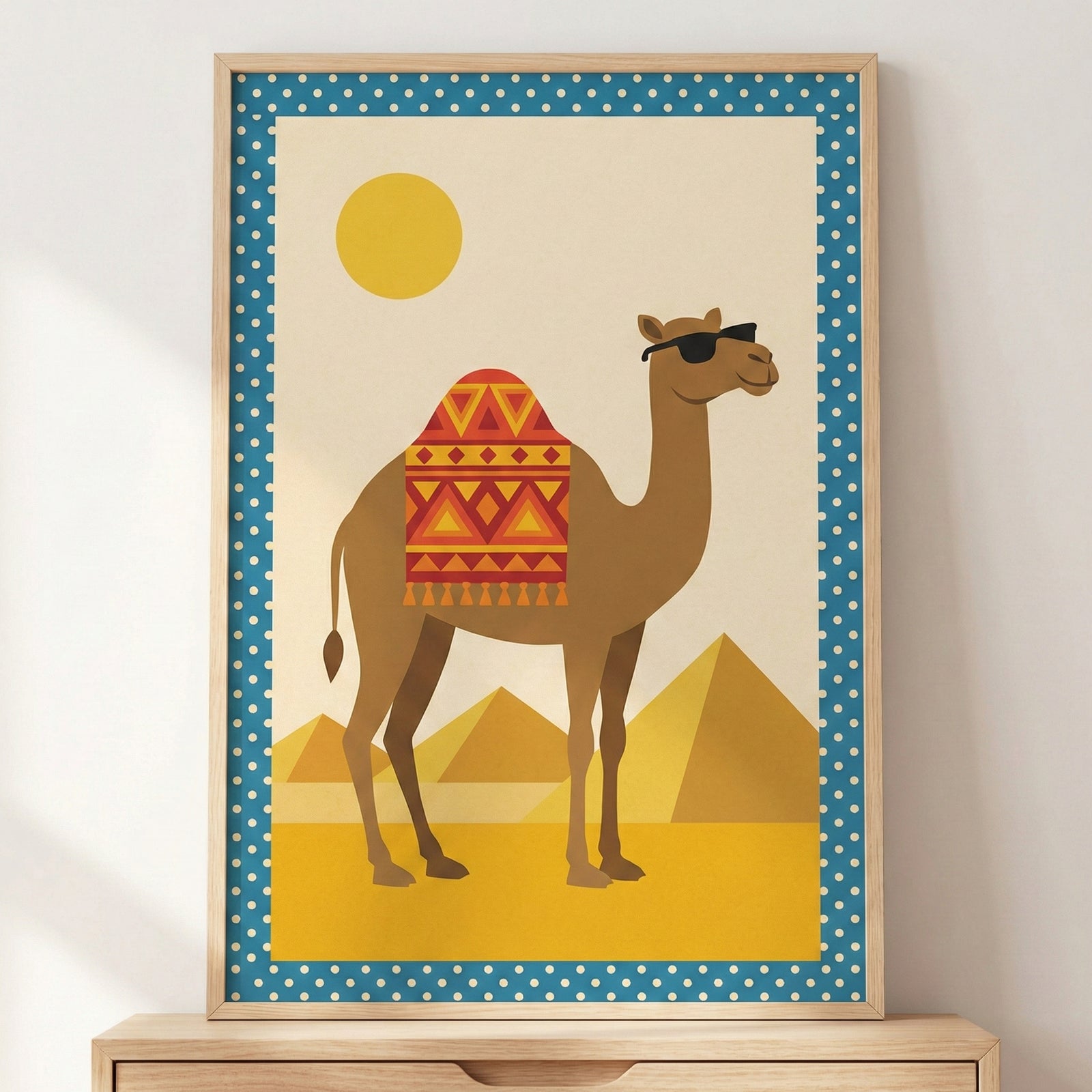 A framed graphic illustration of a brown camel wearing black sunglasses in a desert. The camel features a colorful saddle blanket with red, orange, and yellow geometric patterns. In the background, three yellow pyramids sit under a large yellow sun. The entire image is enclosed in a blue border with white polka dots.