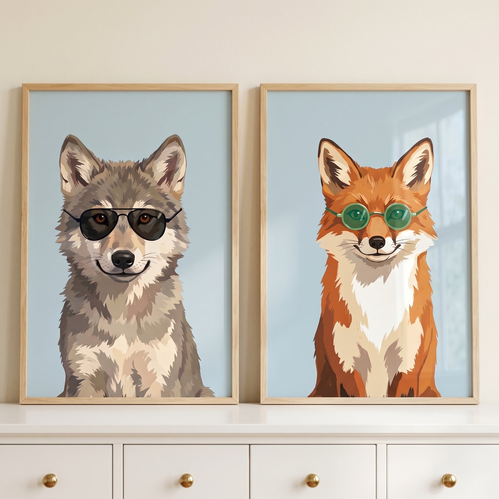Cool sunglasses woodland animals wall art set of 2 featuring a wolf and a fox in wooden frames on a white dresser.