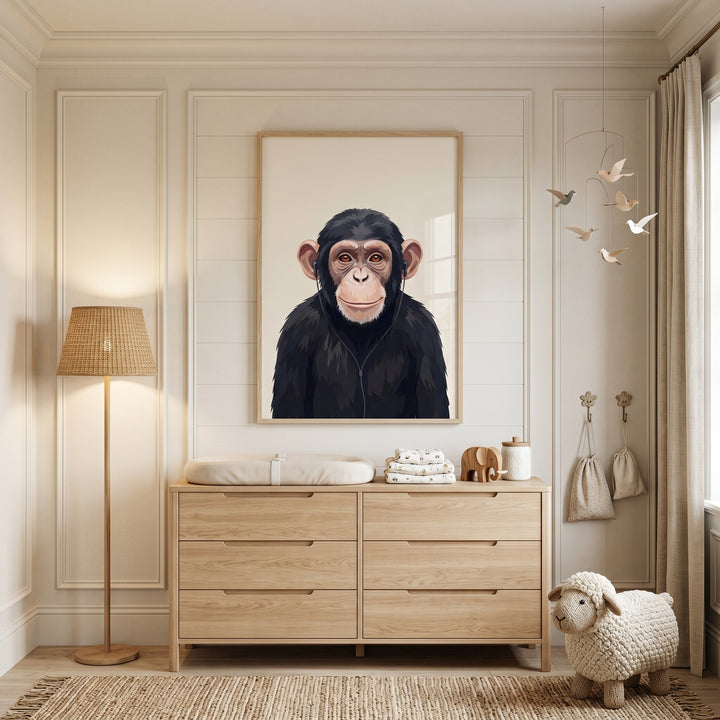 Neutral nursery featuring a wooden dresser, lamp, and cool wired earphone chimp print on a paneled wall.