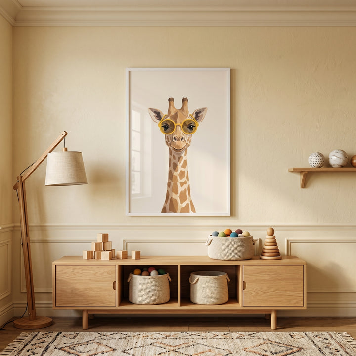 Cool yellow glasses giraffe wall art hangs above a wooden toy console in a neutral nursery with a sleek floor lamp.