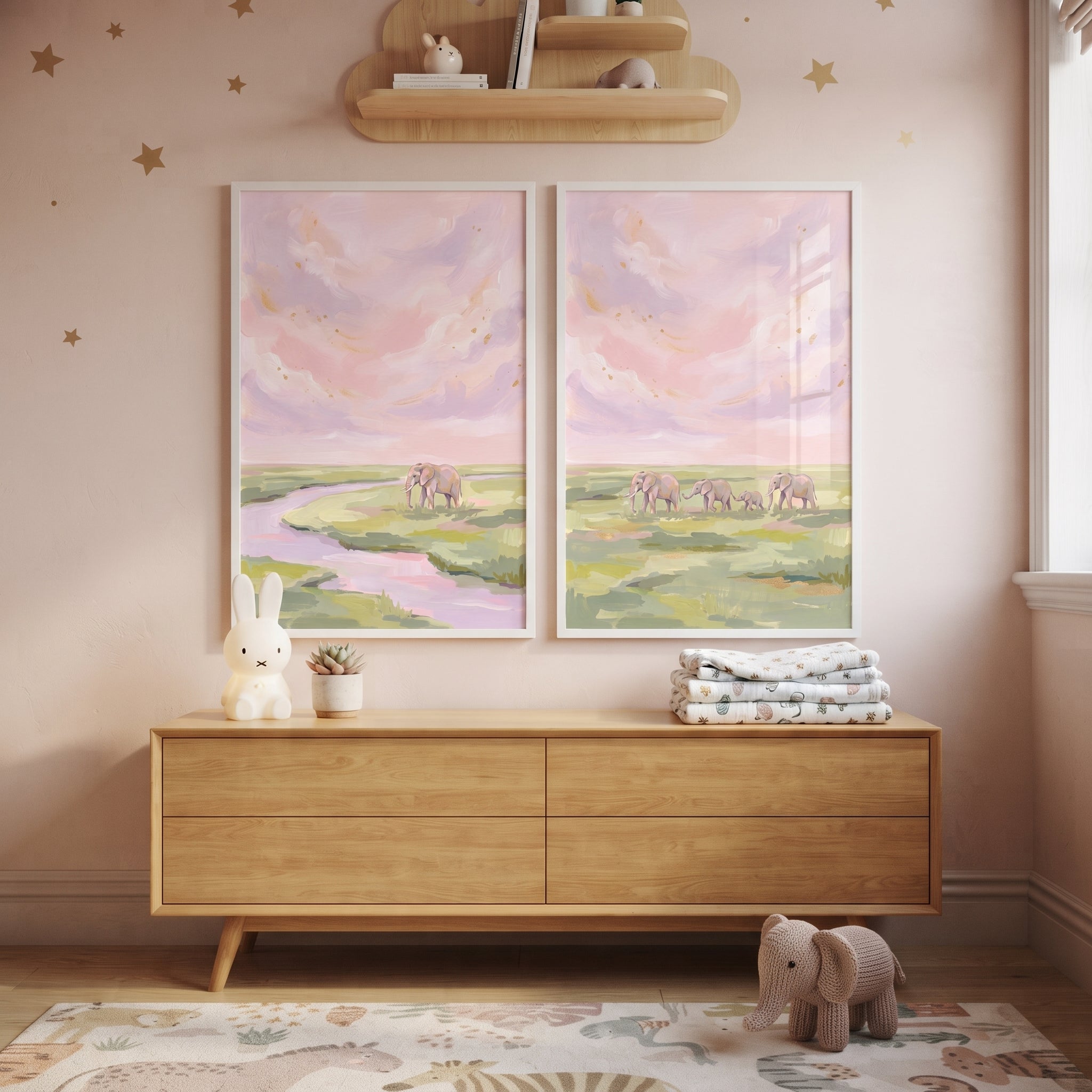 Coquette Blush Pink Elephant Wall Art Set of 2 - Dreamy Savanna Walk
