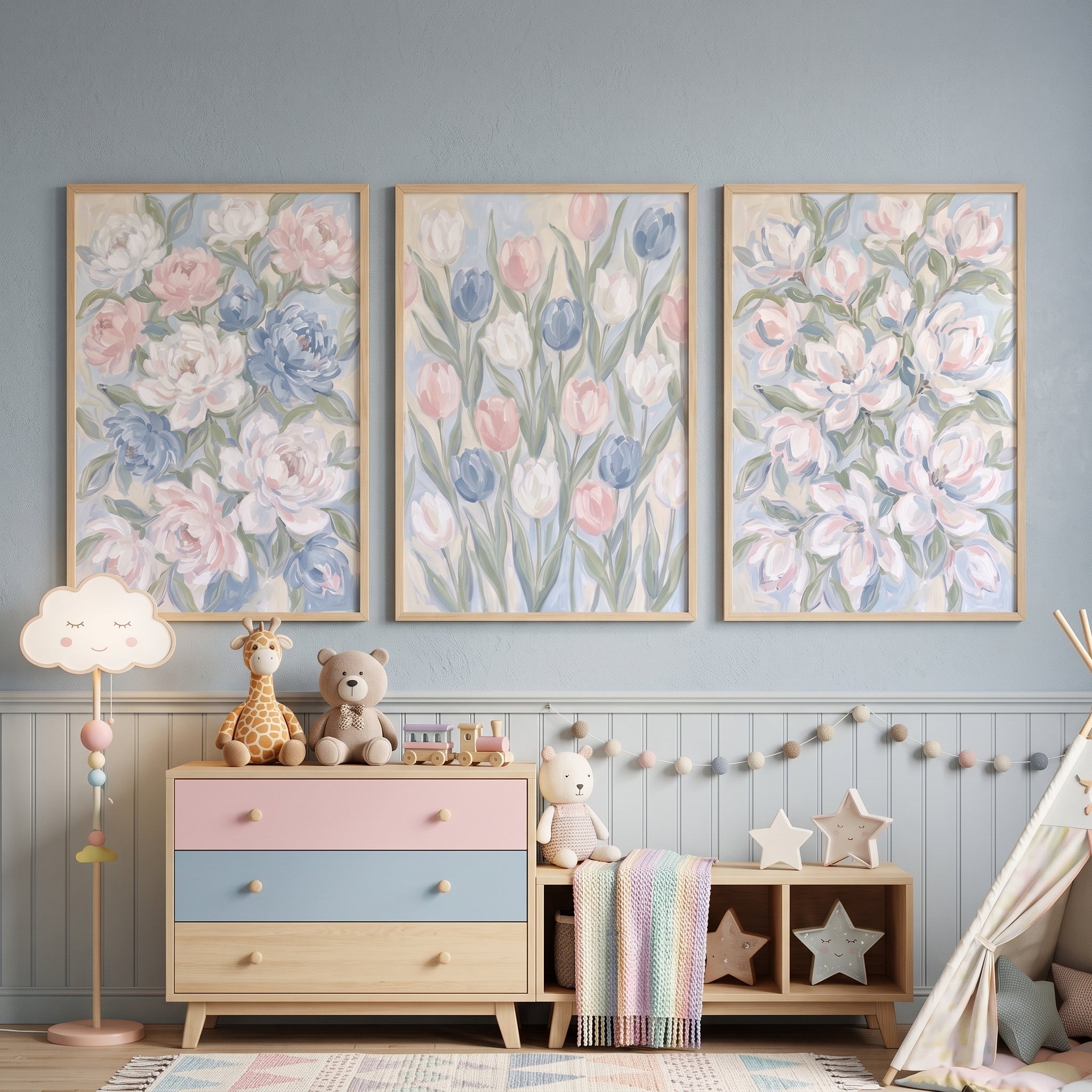 Coquette Pastel Blue Floral Wall Art Set of 3 - Pastel Blossom Trio