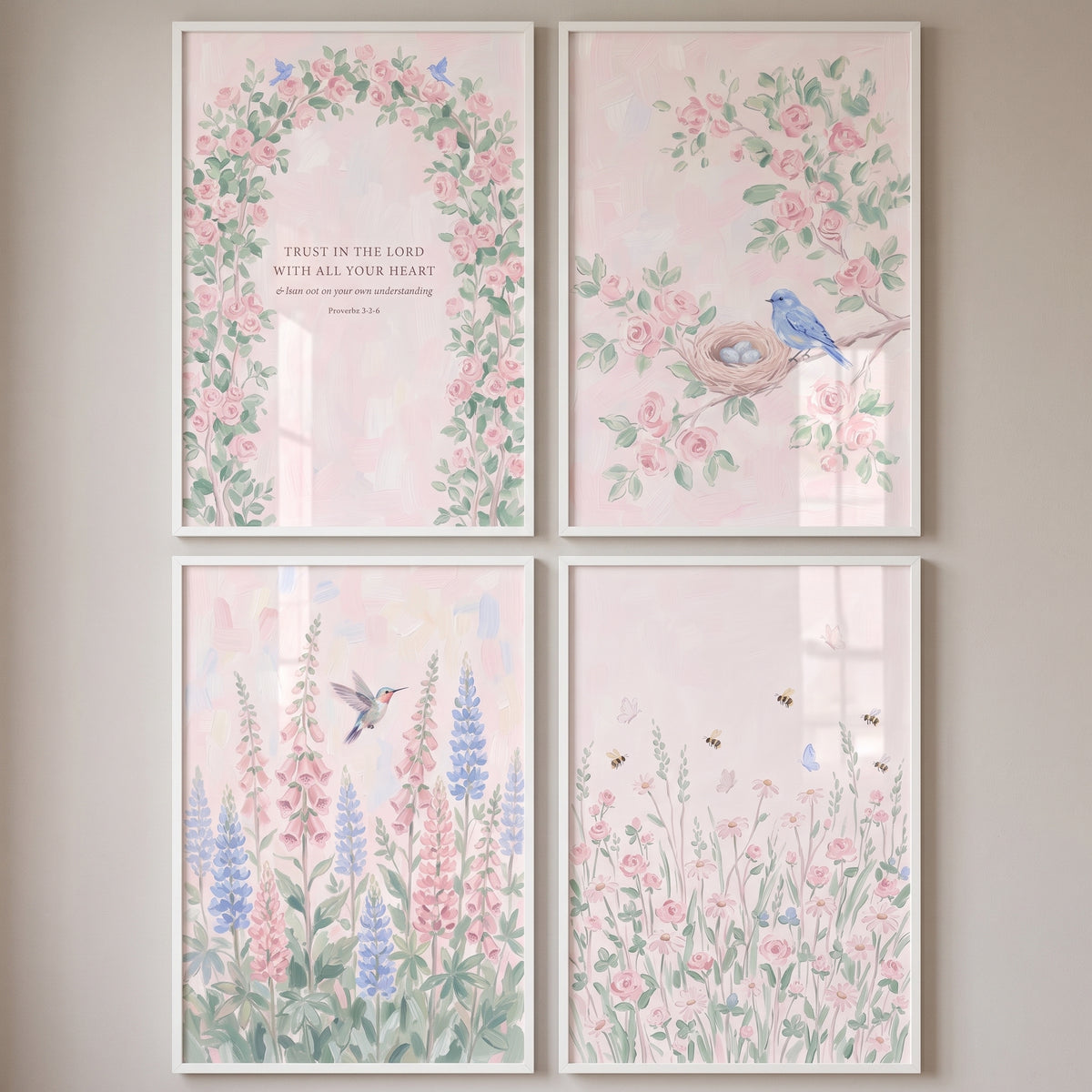 Coquette pink floral garden artwork set of 4 with roses, a blue bird, a hummingbird, bees, and a bible verse about trust.