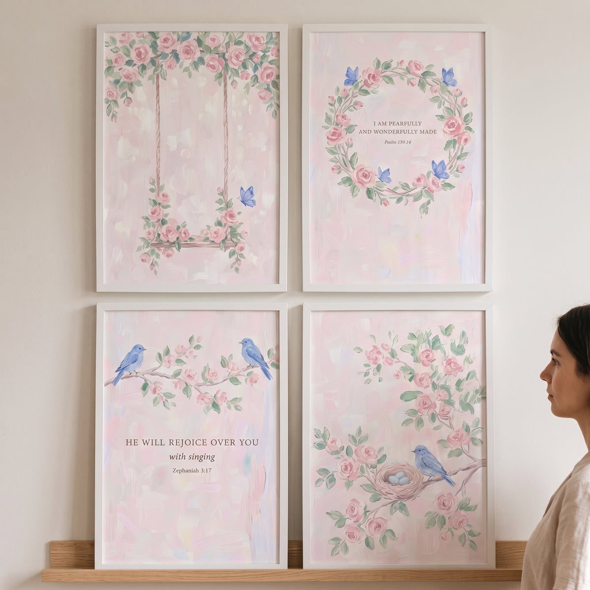 Coquette pink rose wall art set of 4 featuring blue birds, butterflies, and floral designs with scripture verses.