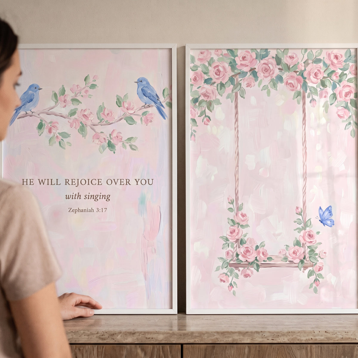 Coquette Soft Pink Rose Wall Art Set of 2 - Serene Floral Praise