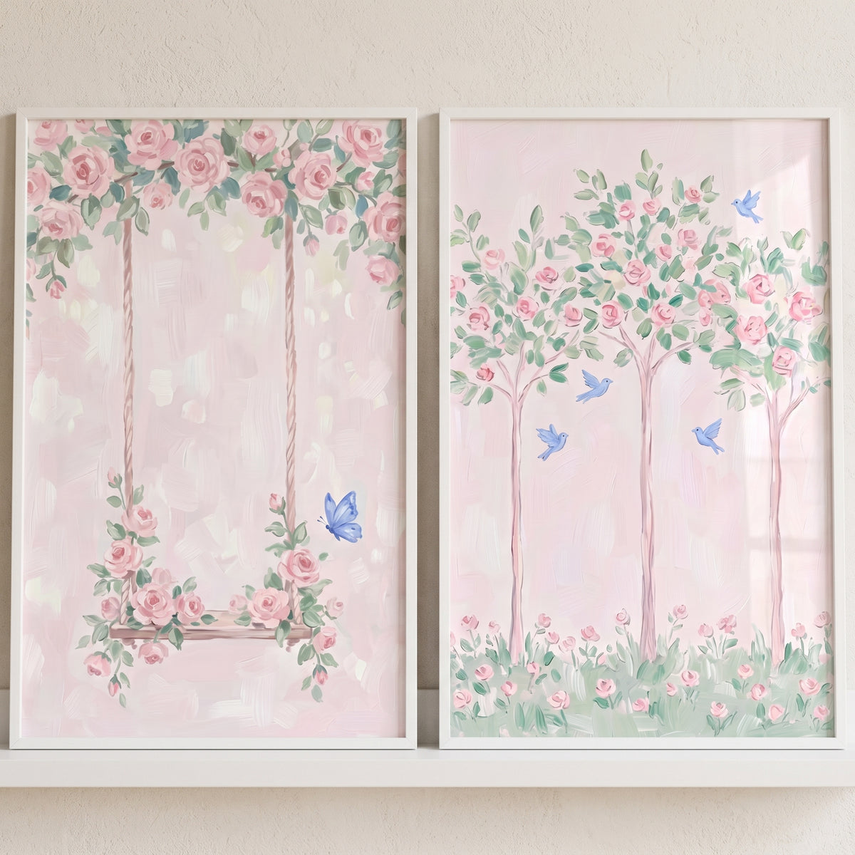 Coquette Style Pink Rose Wall Art Set Of 2 - Rosy Garden Dreams