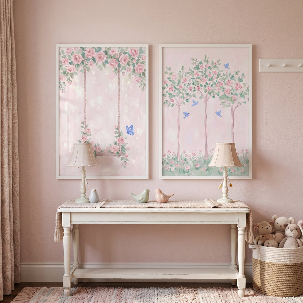 Coquette Style Pink Rose Wall Art Set Of 2 - Rosy Garden Dreams