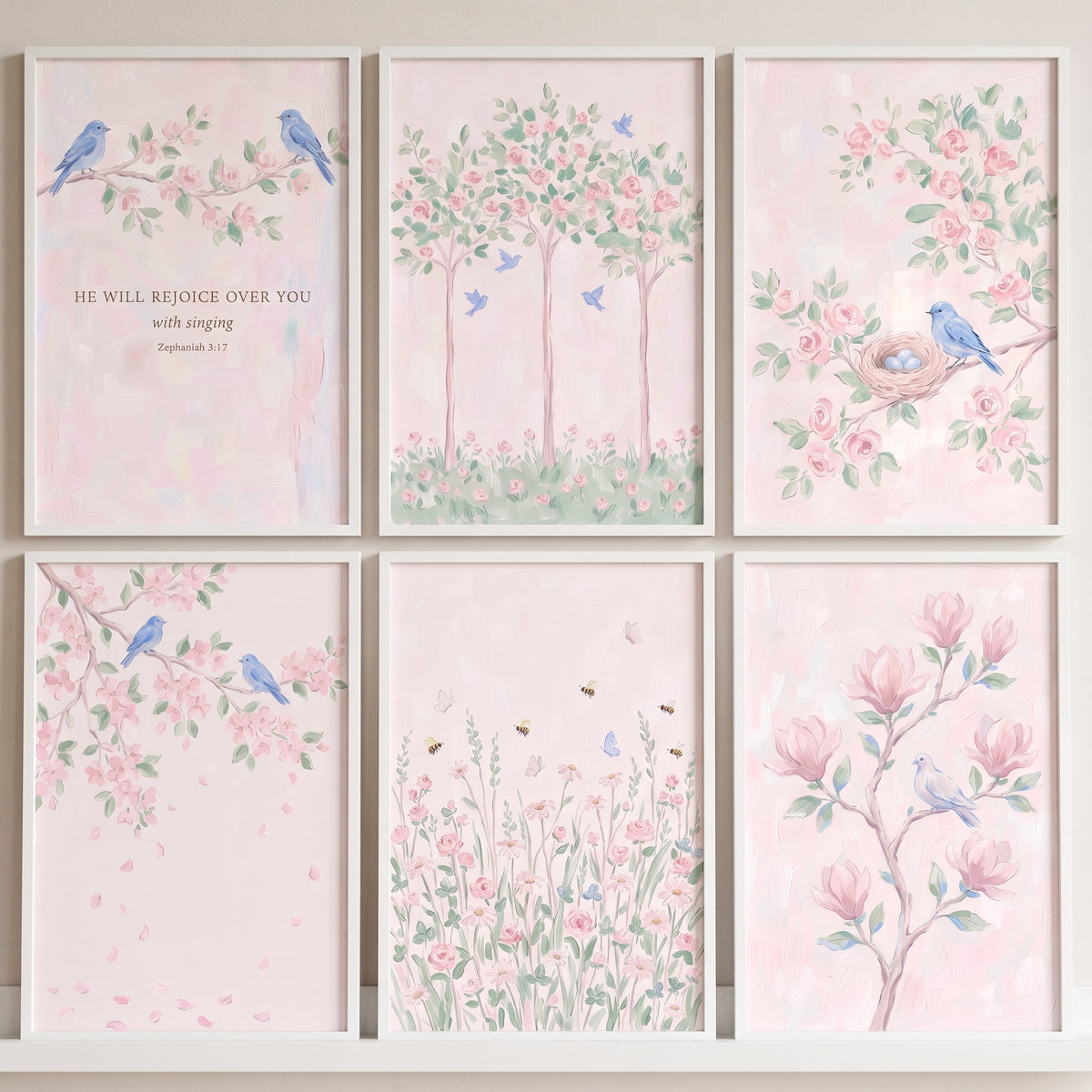 Coquette watercolor floral garden wall art set of 6 featuring pink flowers, blue birds, and a biblical scripture verse.