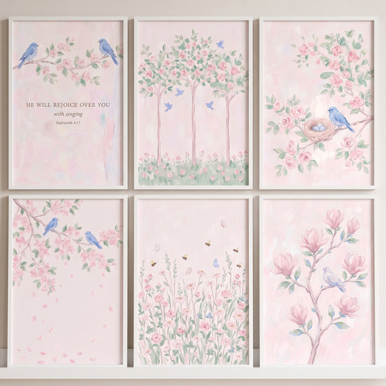 Coquette watercolor floral garden wall art set of 6 featuring pink flowers, blue birds, and a biblical scripture verse.