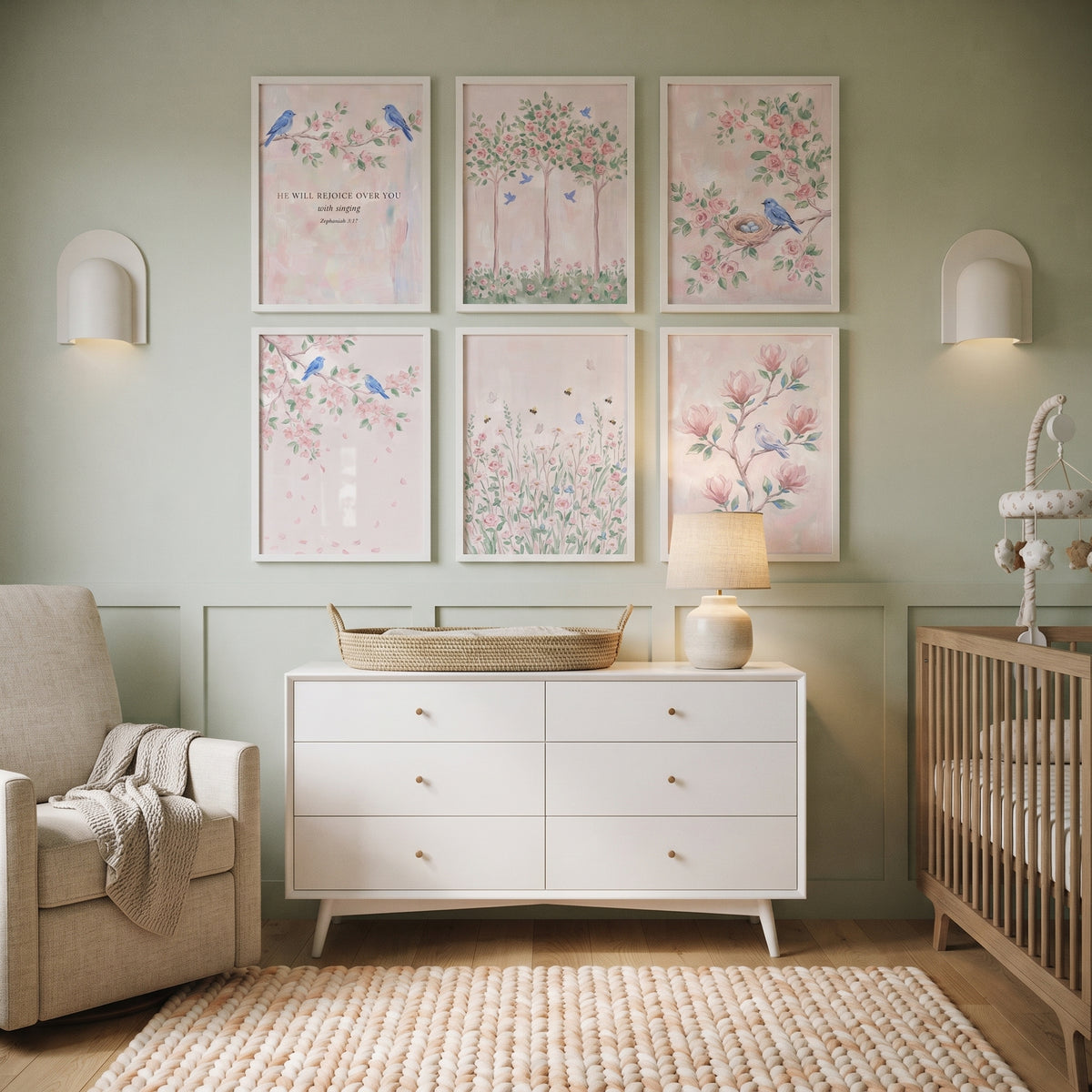 Coquette Watercolor Floral Garden Wall Art Set of 6 - Blossom Bird Harmony