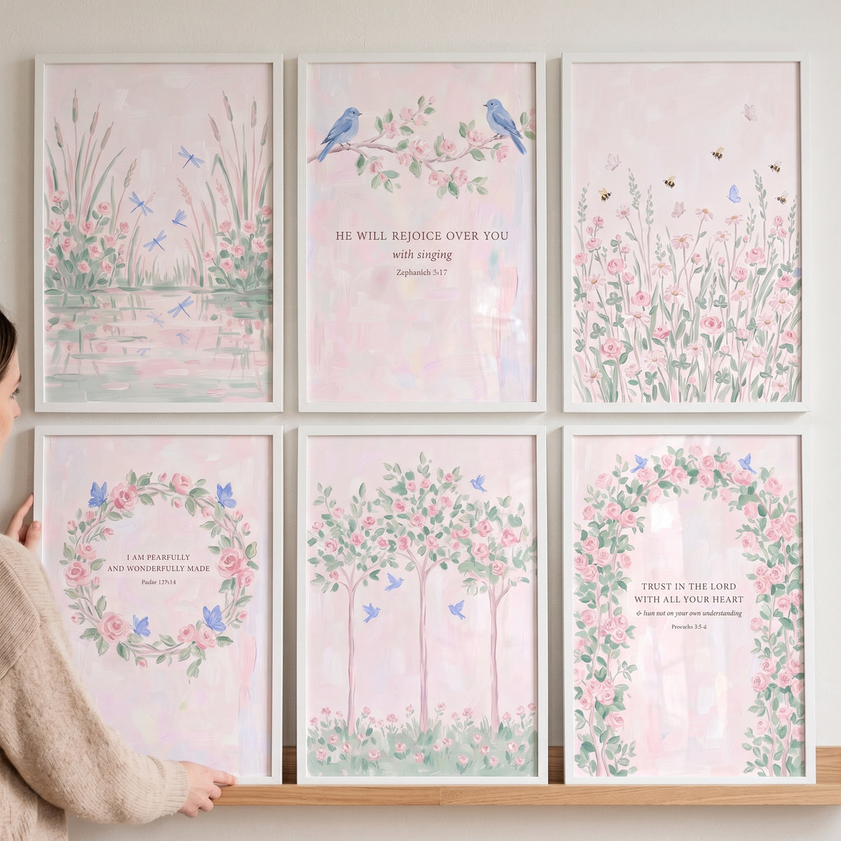 Coquette watercolor rose garden wall art set of 6 in white frames with pink florals, birds, and Bible verses.