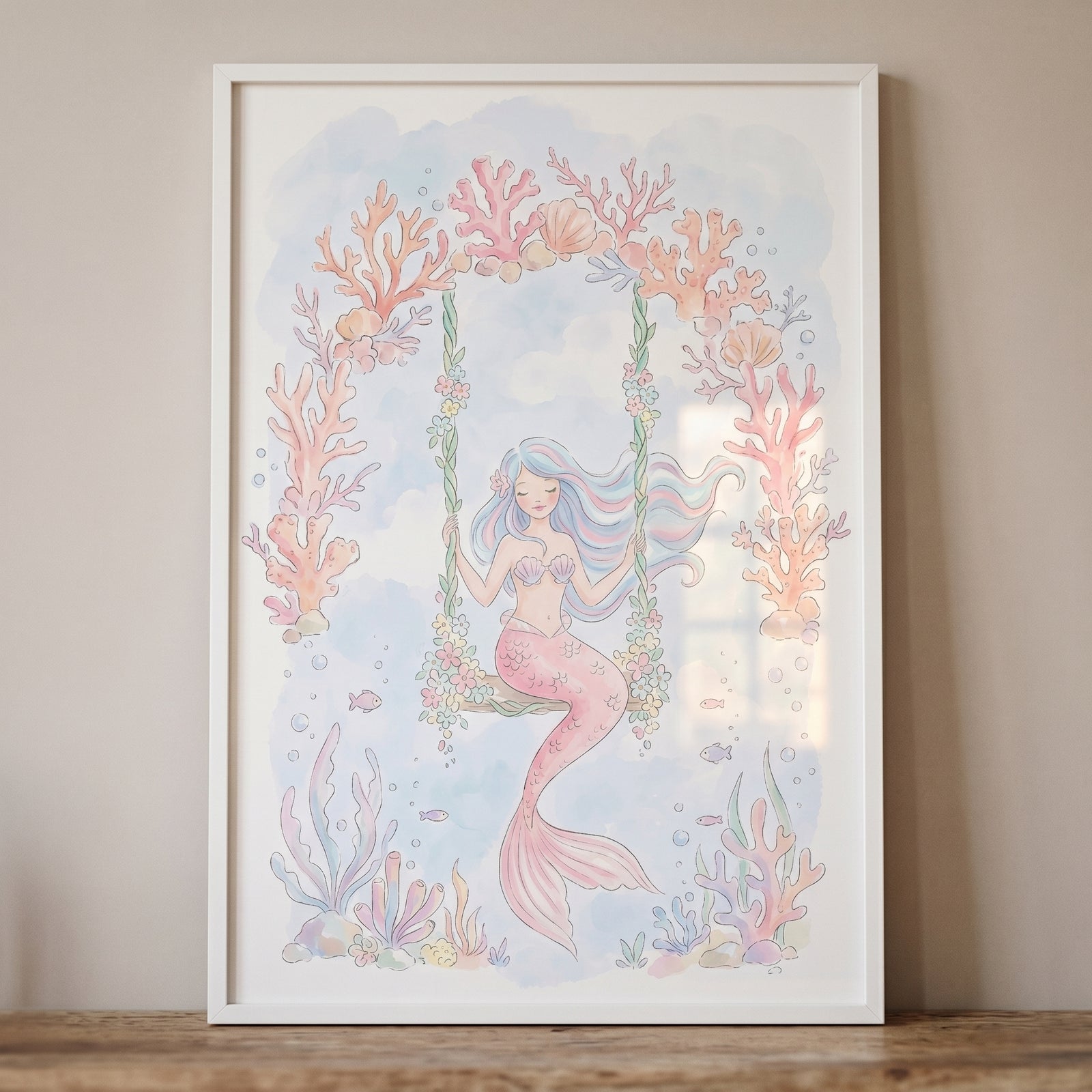 Coral swing mermaid wall art featuring a blue-haired mermaid on a floral swing surrounded by pastel pink coral and sea life.