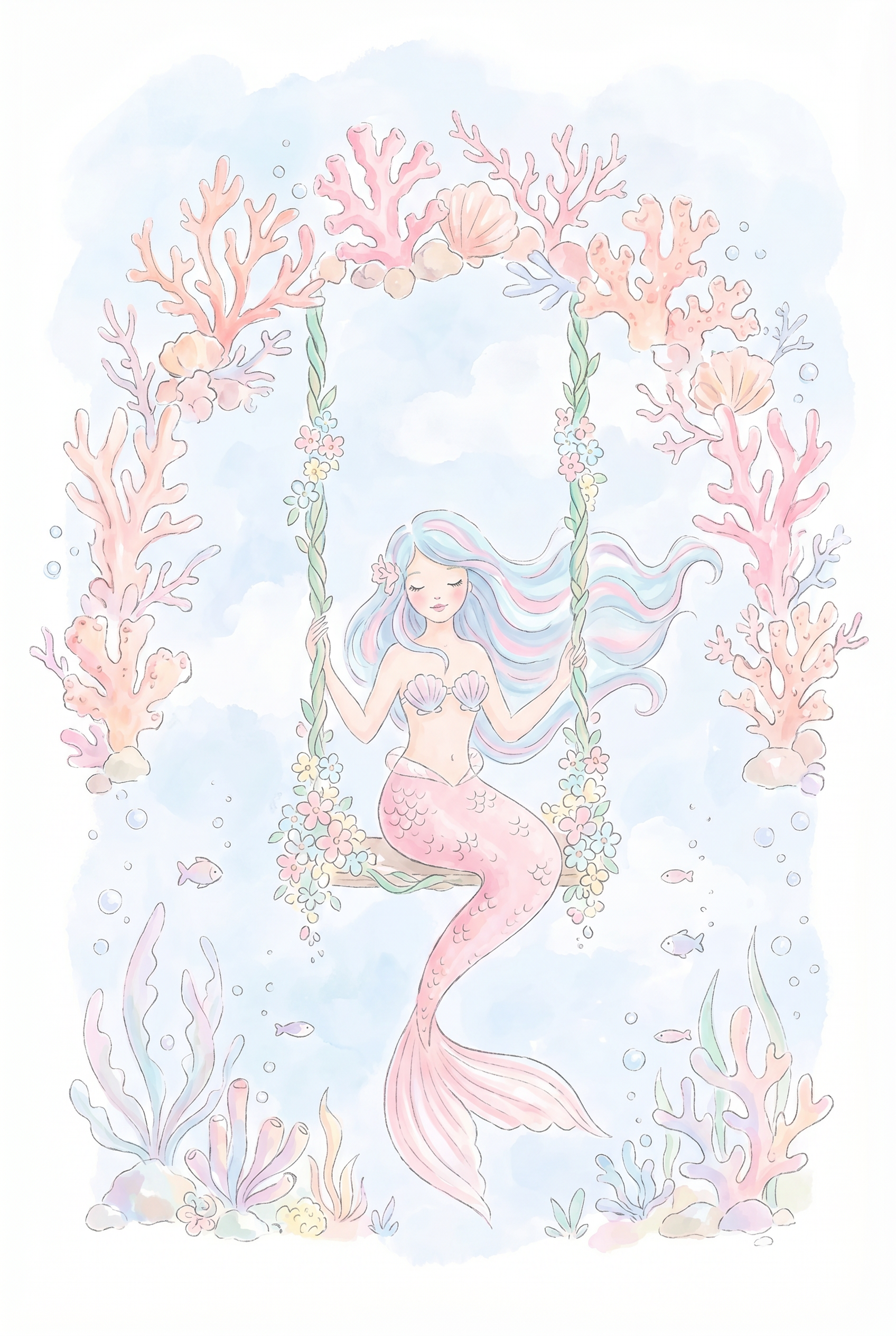 Coral Swing Mermaid Wall Art - Pastel Mermaid Swing