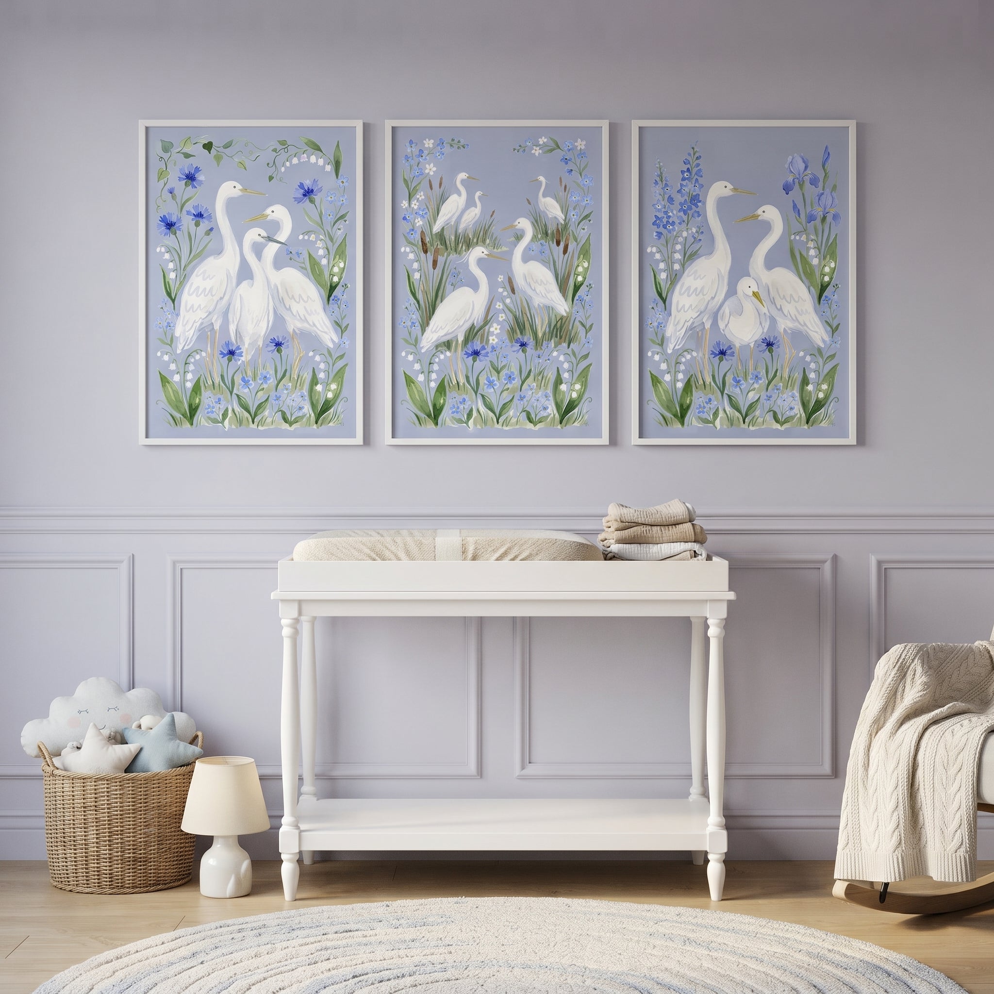 Cornflower Blue Botanical Egret Bird Wall Art Set of 3 - White Heron Blooms