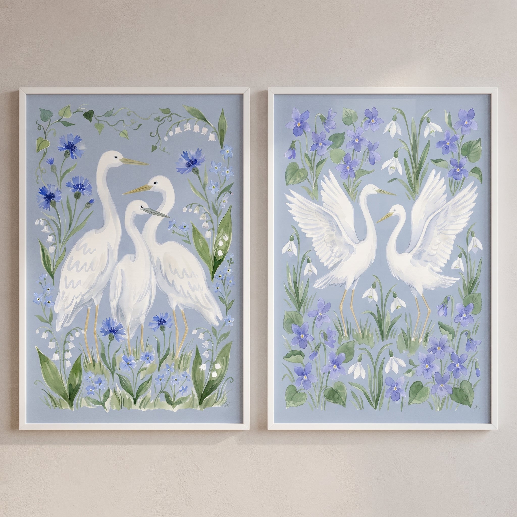 Cornflower Blue Garden Egret Bird Wall Art Set of 2 - Azure Heron Garden